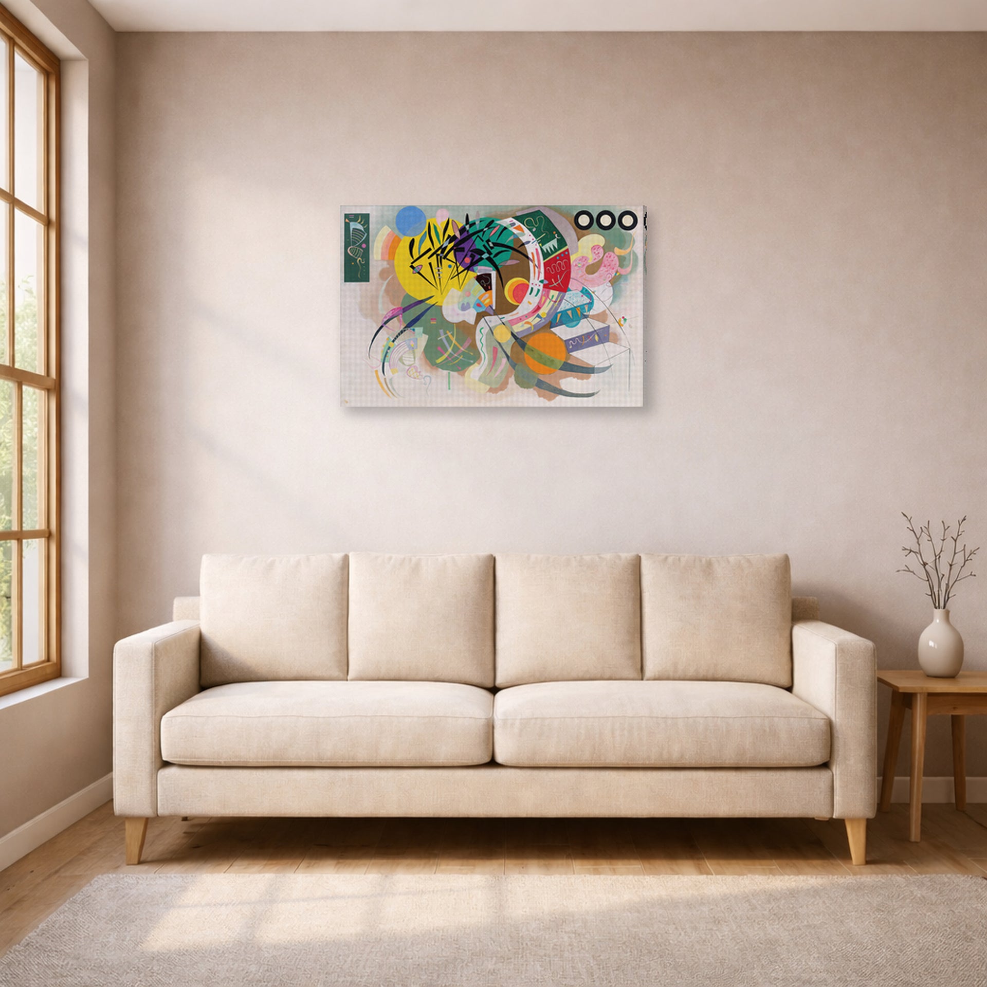 Gallery-wrapped canvas print of Wassily Kandinsky's Dominant Curve displayed on a wall in a living room