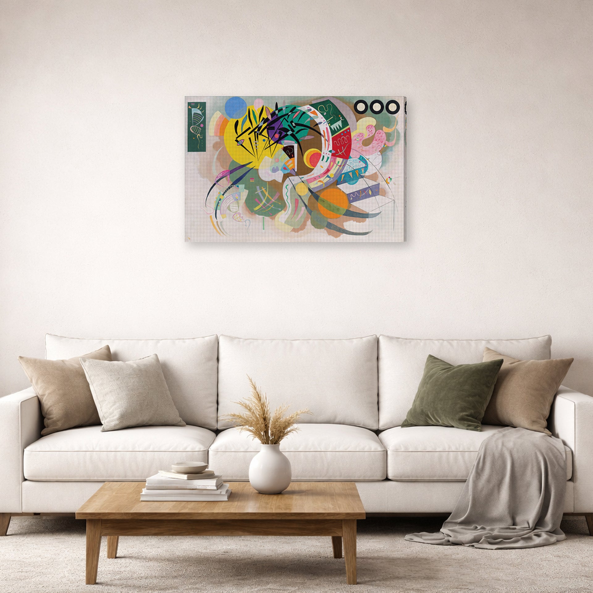 Gallery-wrapped canvas print of Wassily Kandinsky's Dominant Curve displayed on a wall in a living room