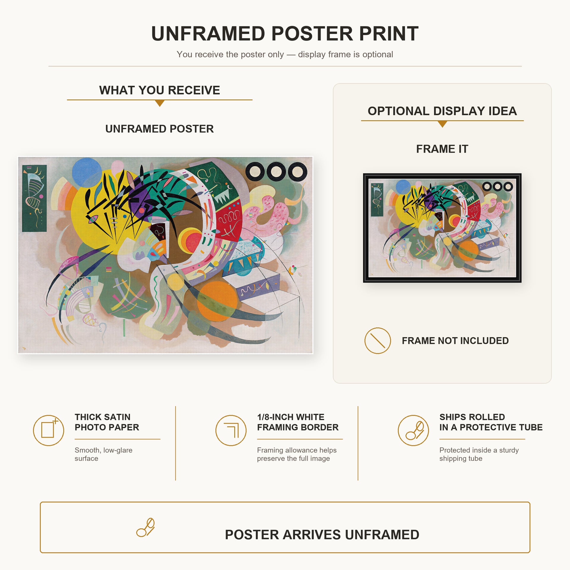 Wassily Kandinsky - Dominant Curve poster print size comparison and framing display infographic