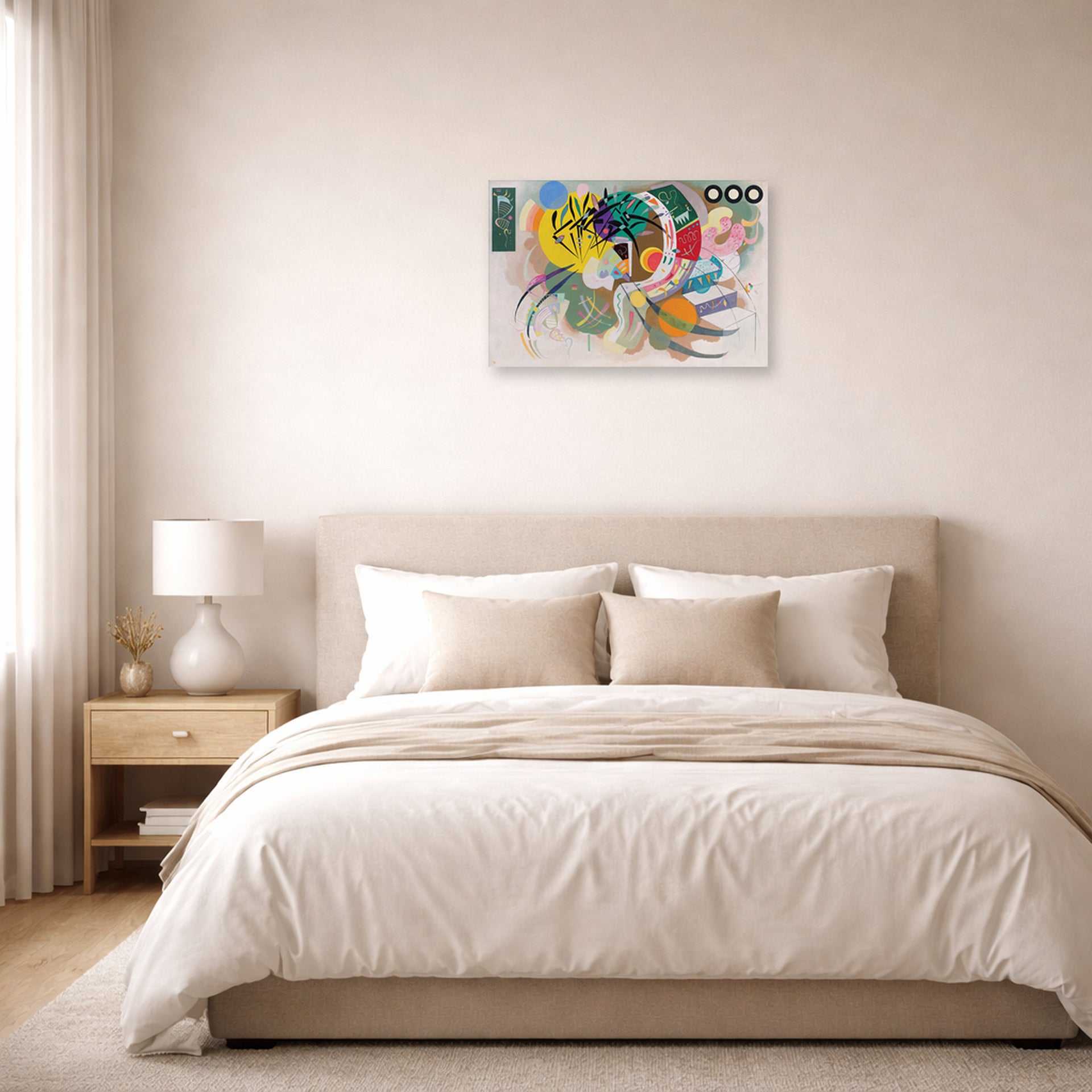 Unframed poster print of Wassily Kandinsky's Dominant Curve displayed on a wall in a bedroom