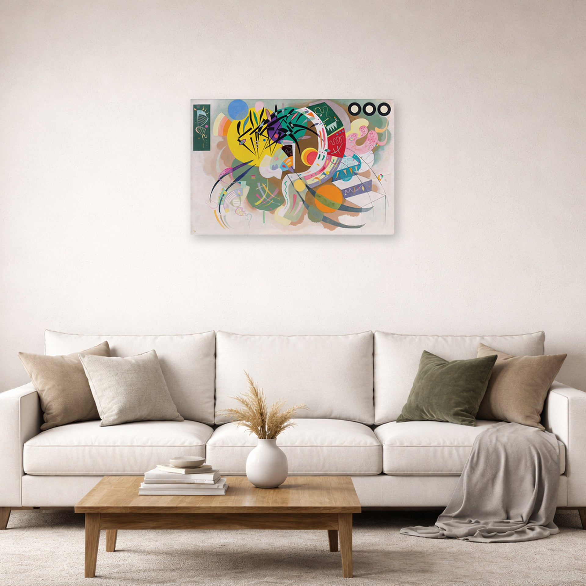 Unframed poster print of Wassily Kandinsky's Dominant Curve displayed on a wall in a living room