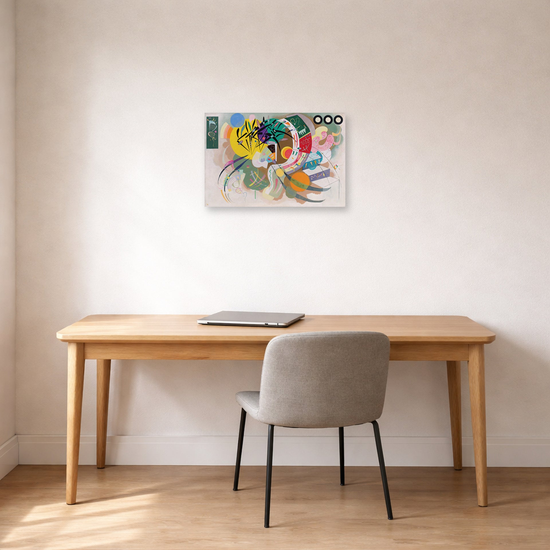 Unframed poster print of Wassily Kandinsky's Dominant Curve displayed on a wall in an office