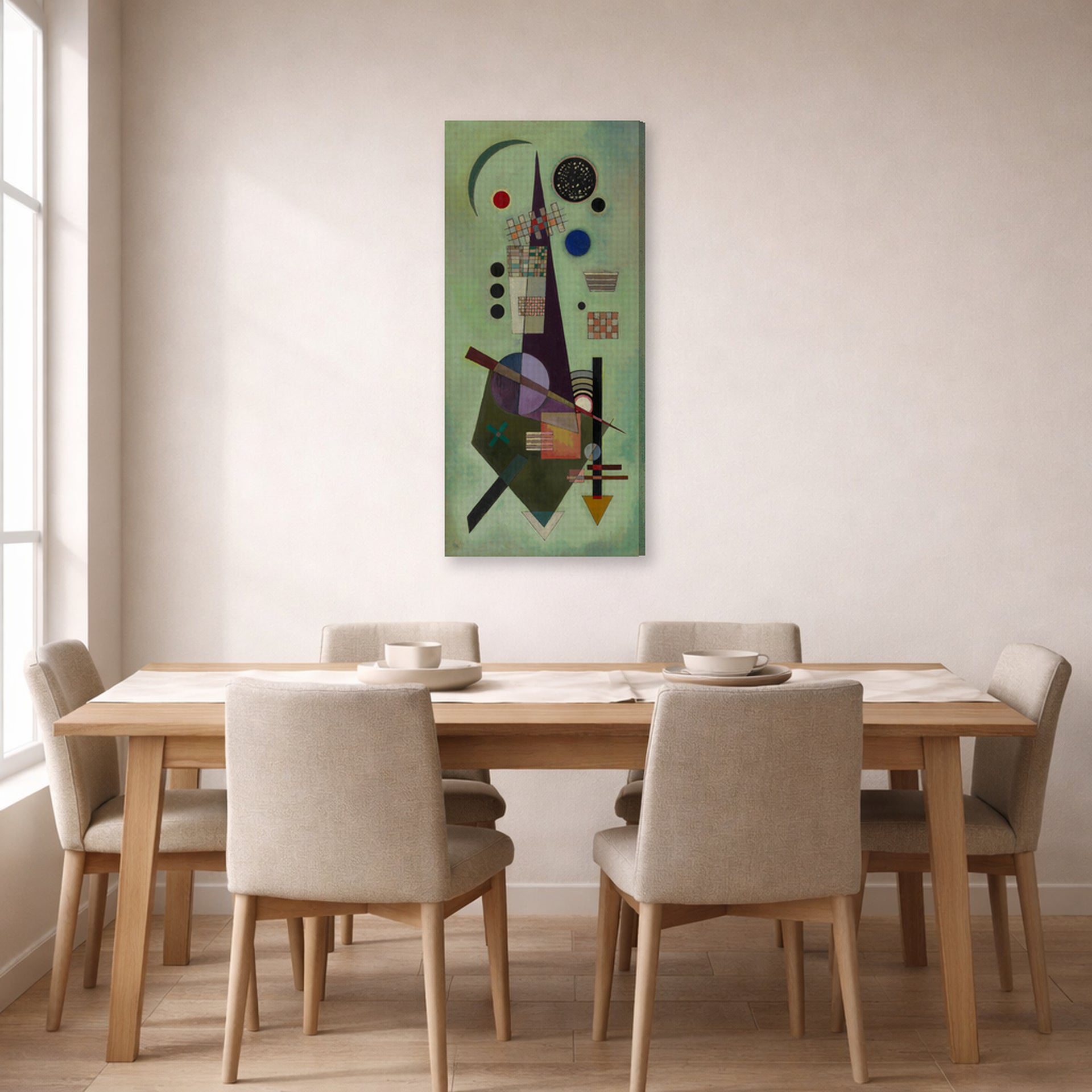 Gallery-wrapped canvas print of Wassily Kandinsky's Extended displayed on a wall in a dining room