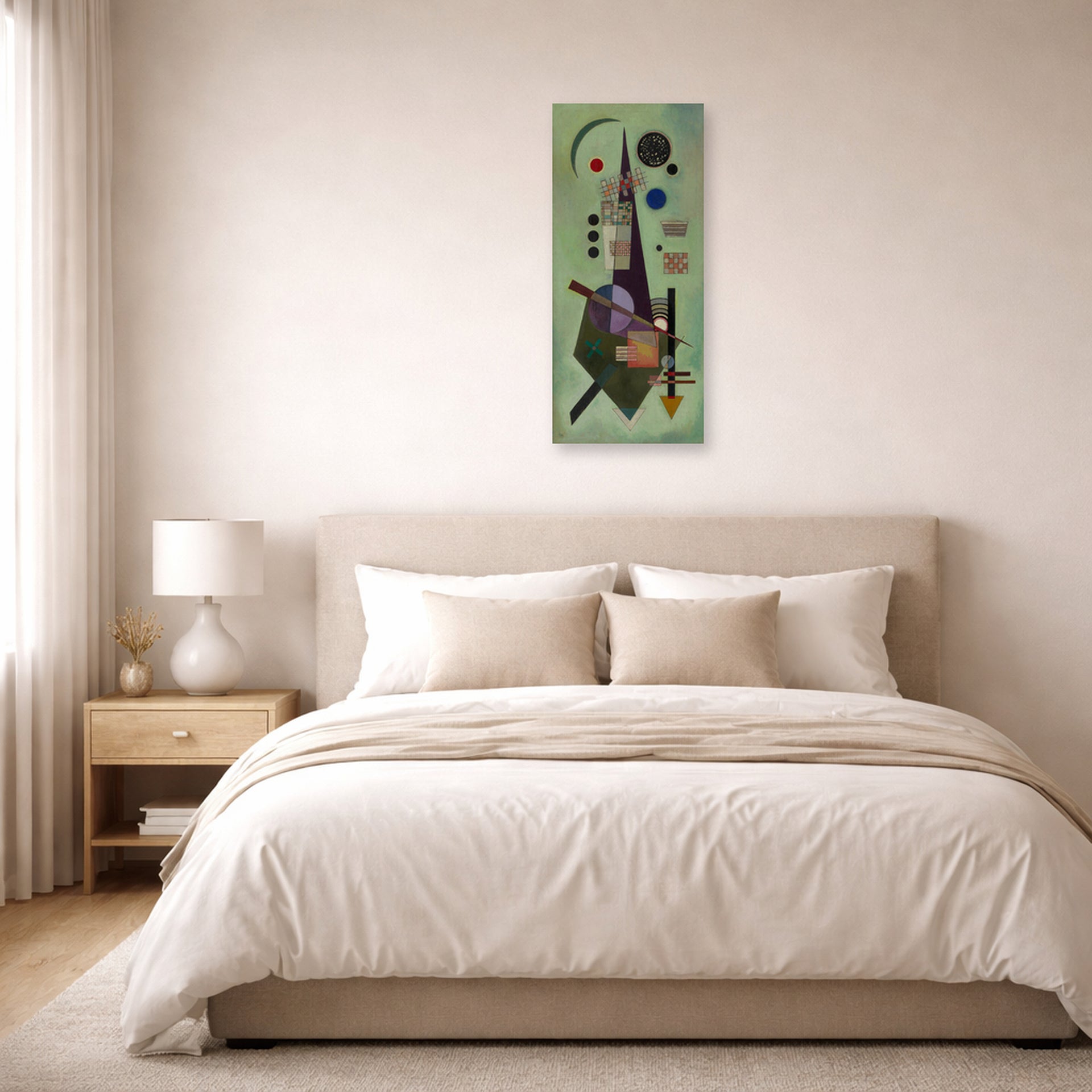 Unframed poster print of Wassily Kandinsky's Extended displayed on a wall in a bedroom