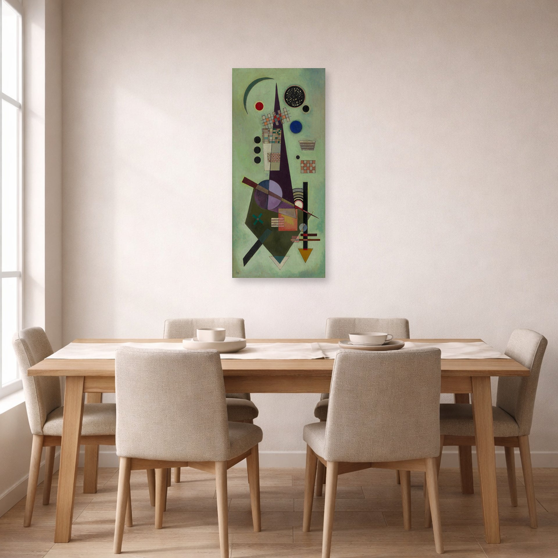 Unframed poster print of Wassily Kandinsky's Extended displayed on a wall in a dining room