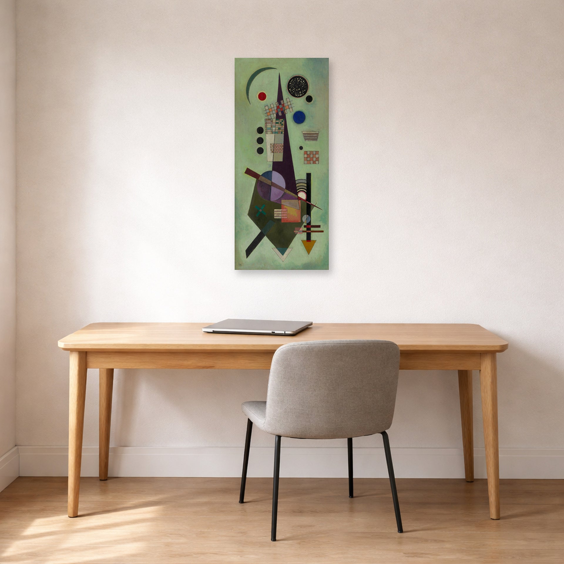 Unframed poster print of Wassily Kandinsky's Extended displayed on a wall in an office