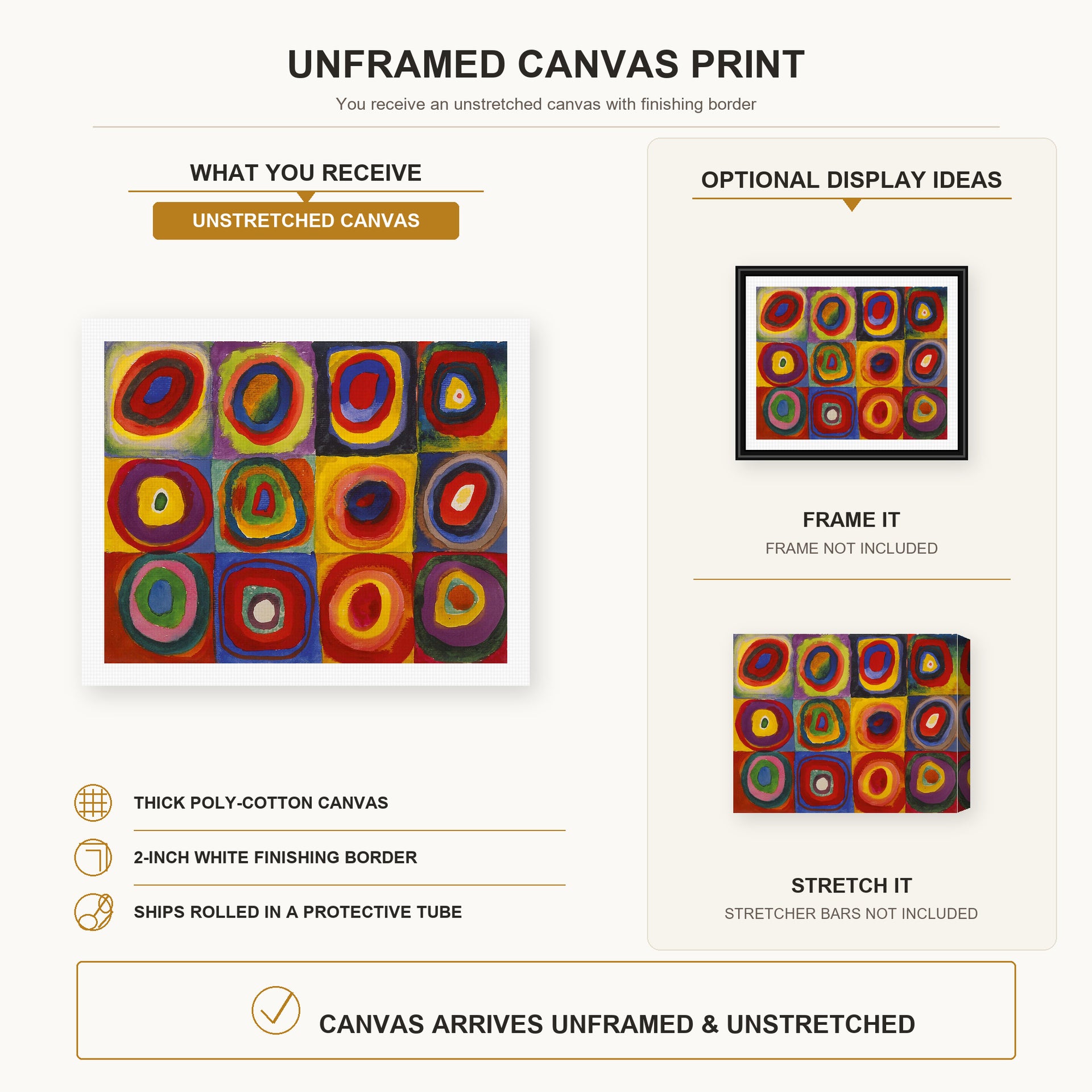 Wassily Kandinsky - Farbstudie Quadrate canvas print size comparison and framing display infographic