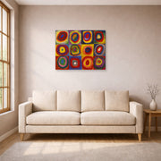 Gallery-wrapped canvas print of Wassily Kandinsky's Farbstudie Quadrate displayed on a wall in a living room