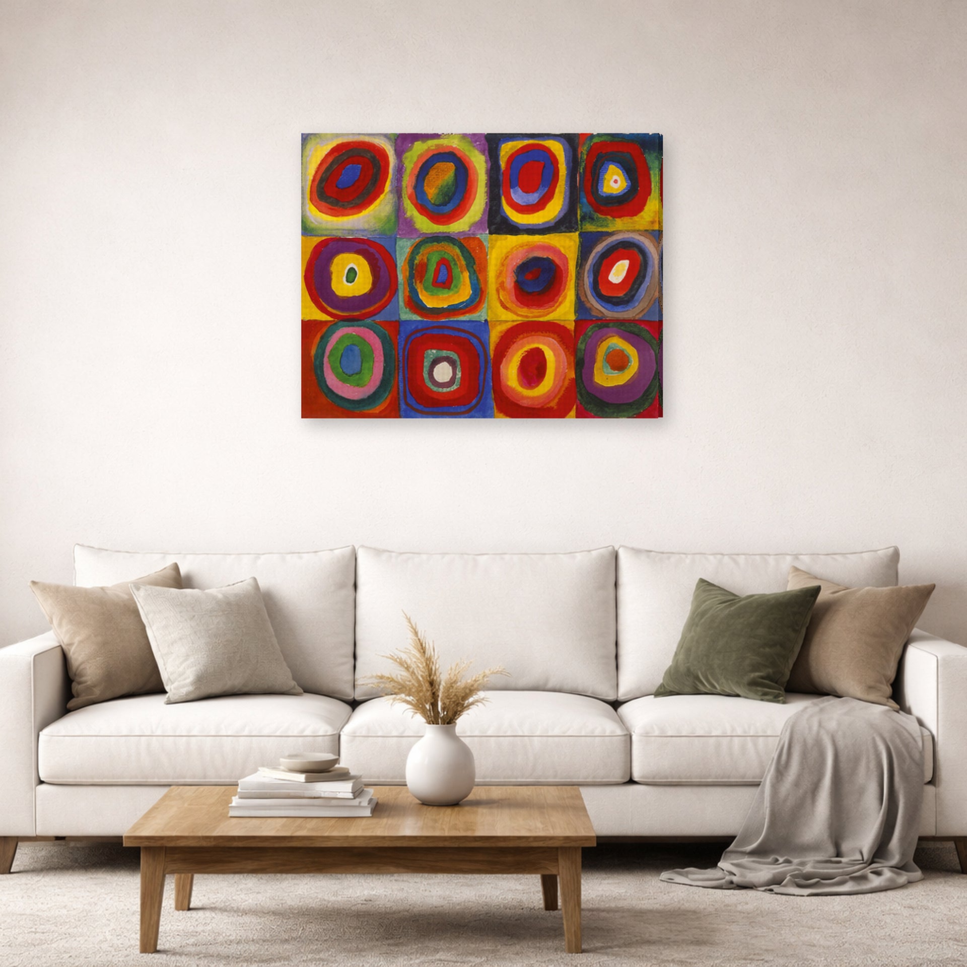 Gallery-wrapped canvas print of Wassily Kandinsky's Farbstudie Quadrate displayed on a wall in a living room