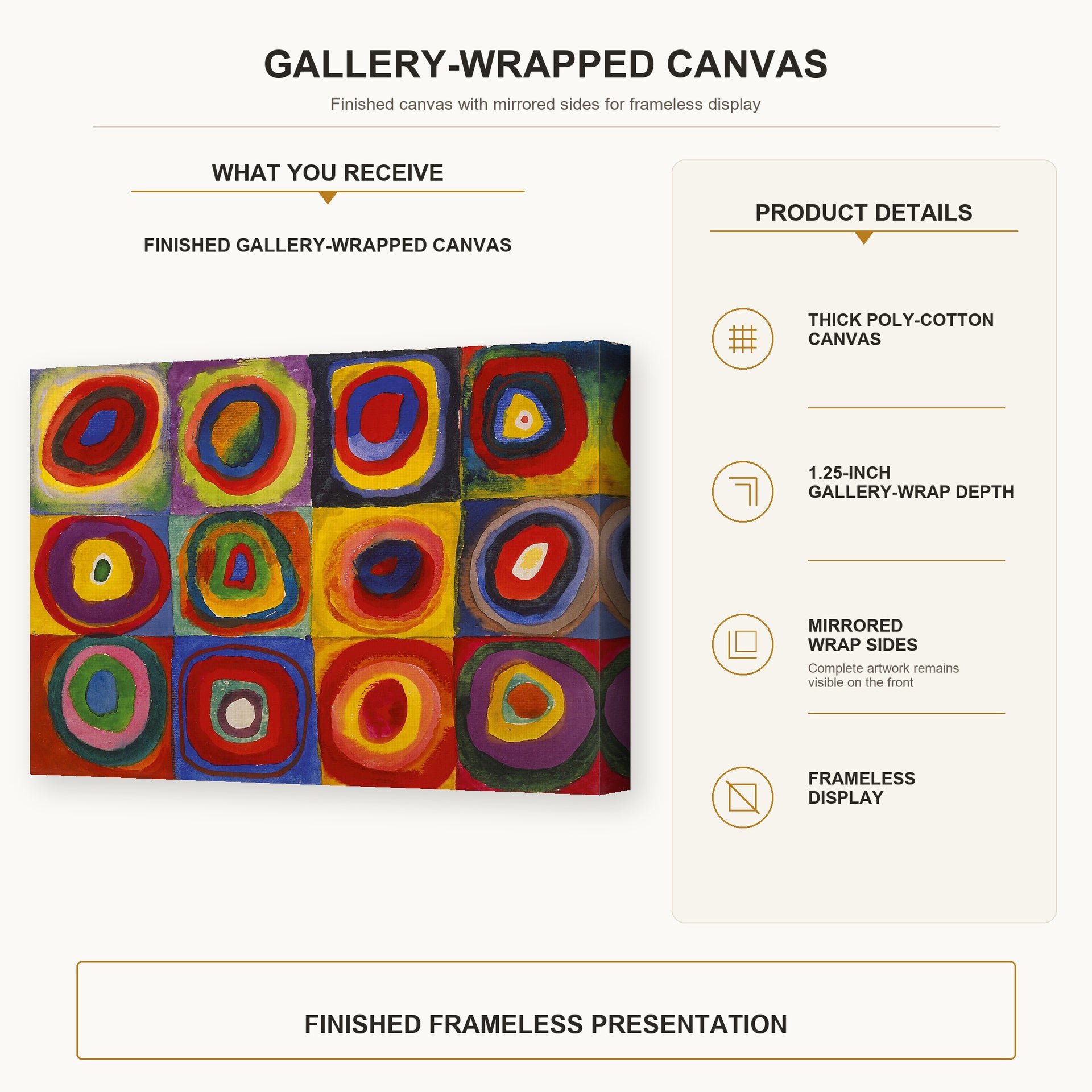 Wassily Kandinsky - Farbstudie Quadrate gallery wrap canvas construction and hanging details infographic