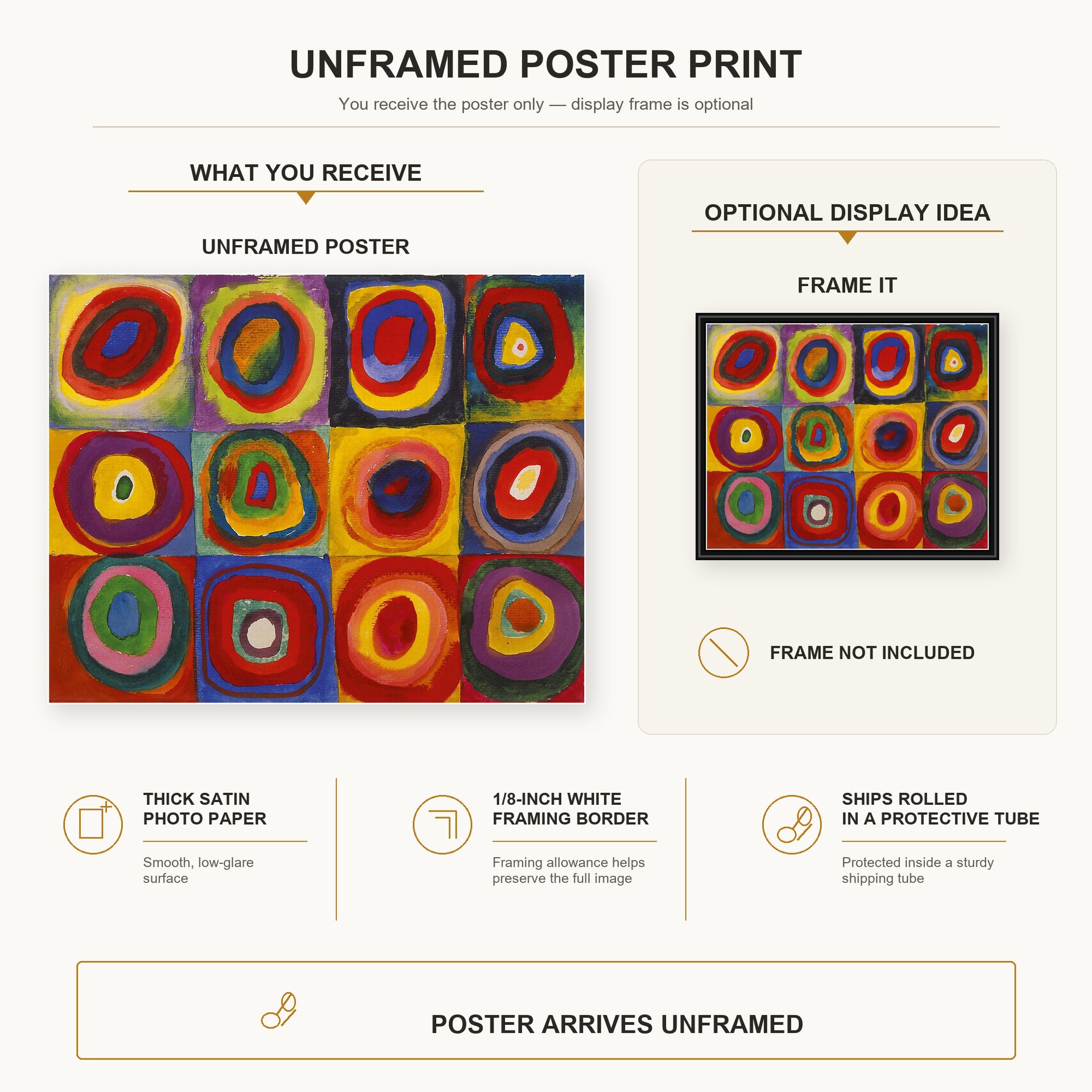 Wassily Kandinsky - Farbstudie Quadrate poster print size comparison and framing display infographic