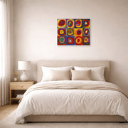 Unframed poster print of Wassily Kandinsky's Farbstudie Quadrate displayed on a wall in a bedroom