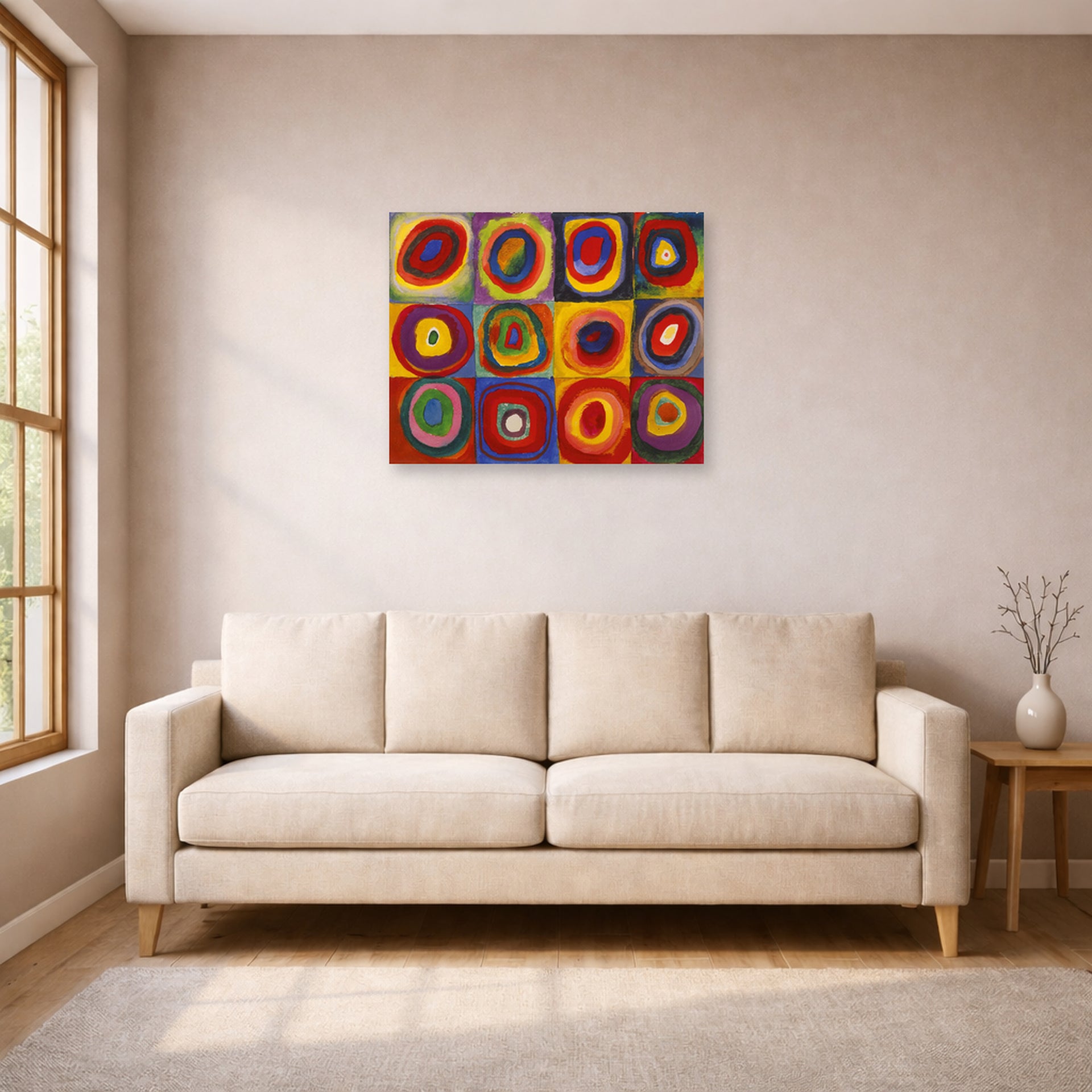 Unframed poster print of Wassily Kandinsky's Farbstudie Quadrate displayed on a wall in a living room