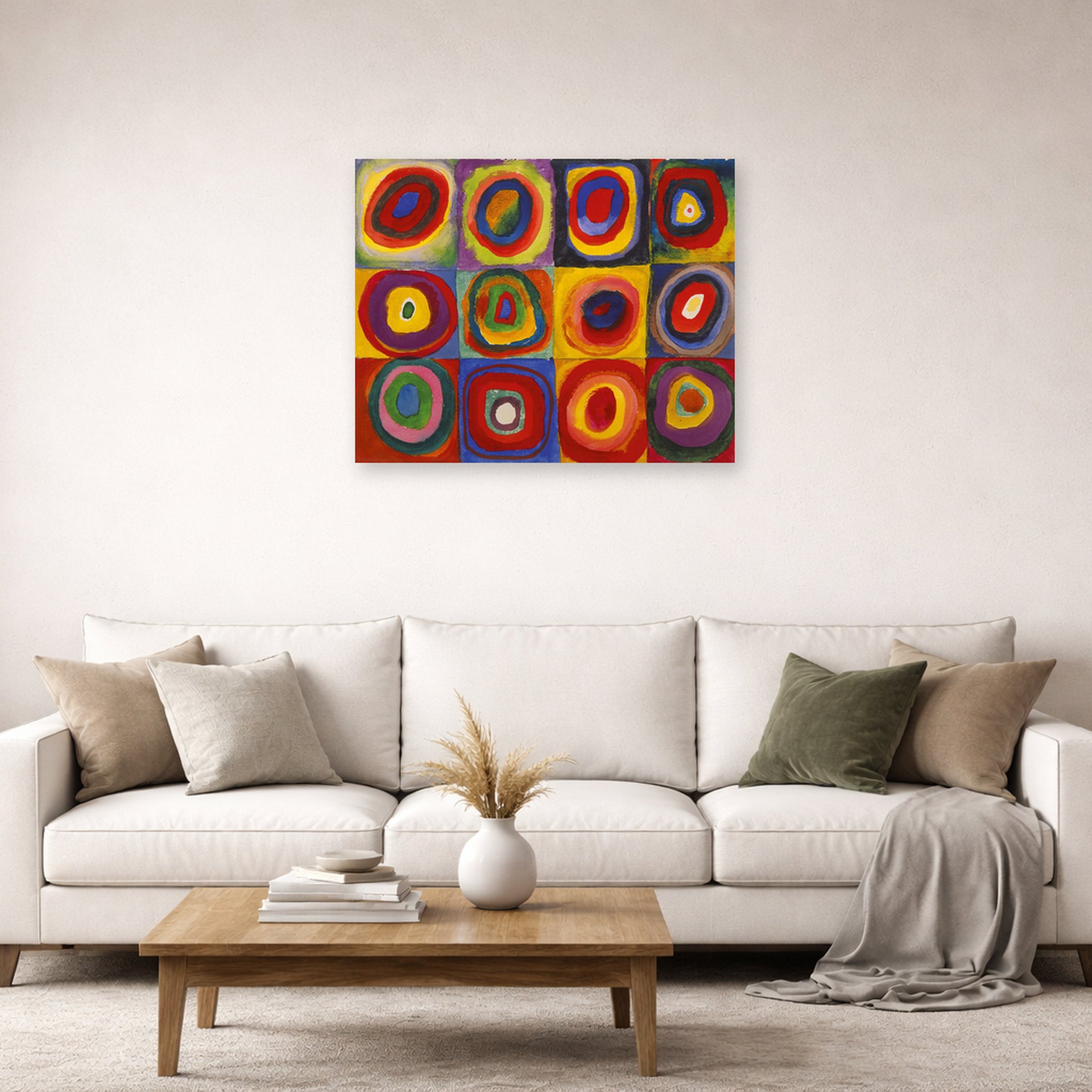 Unframed poster print of Wassily Kandinsky's Farbstudie Quadrate displayed on a wall in a living room