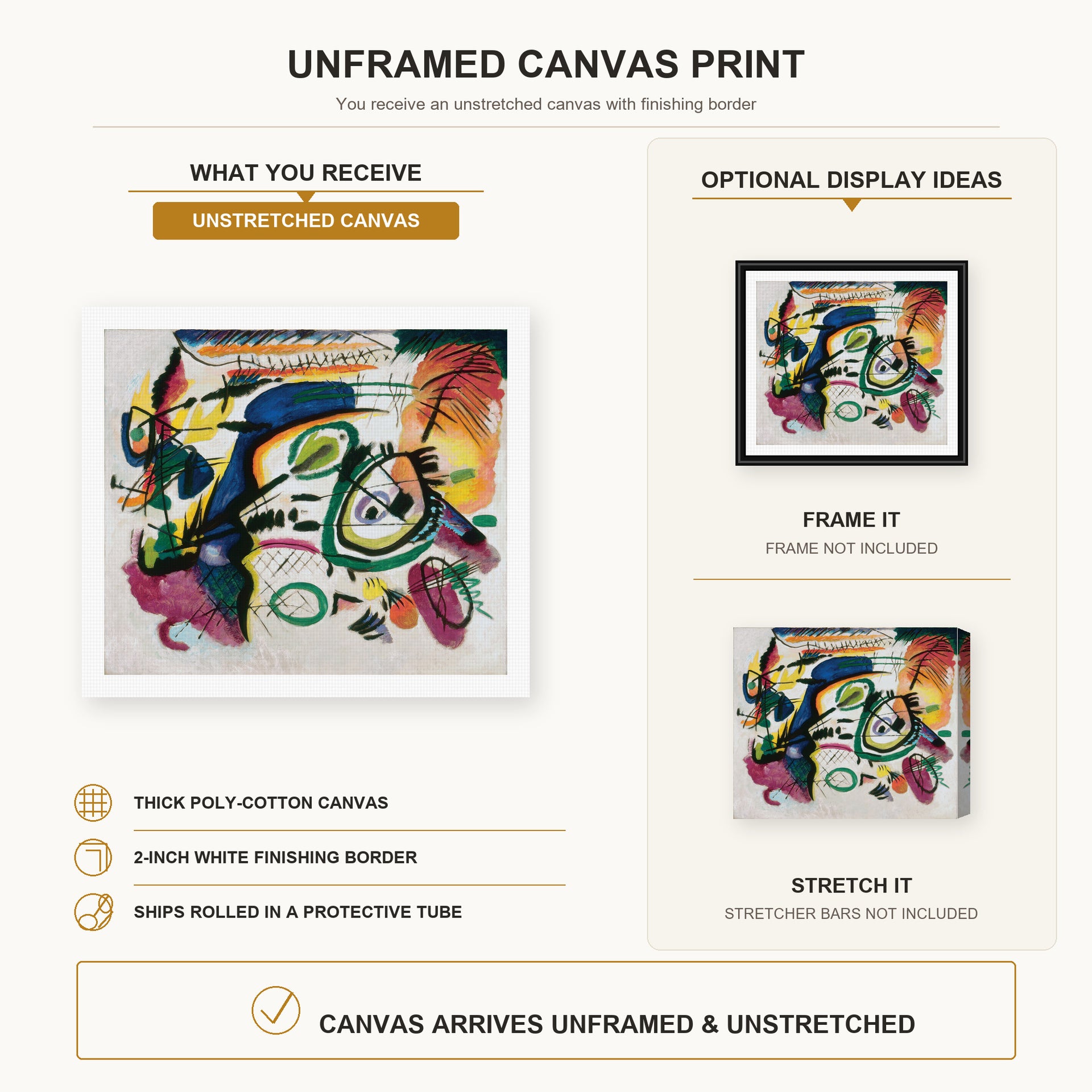 Wassily Kandinsky - Fragment I for Composition VI canvas print size comparison and framing display infographic