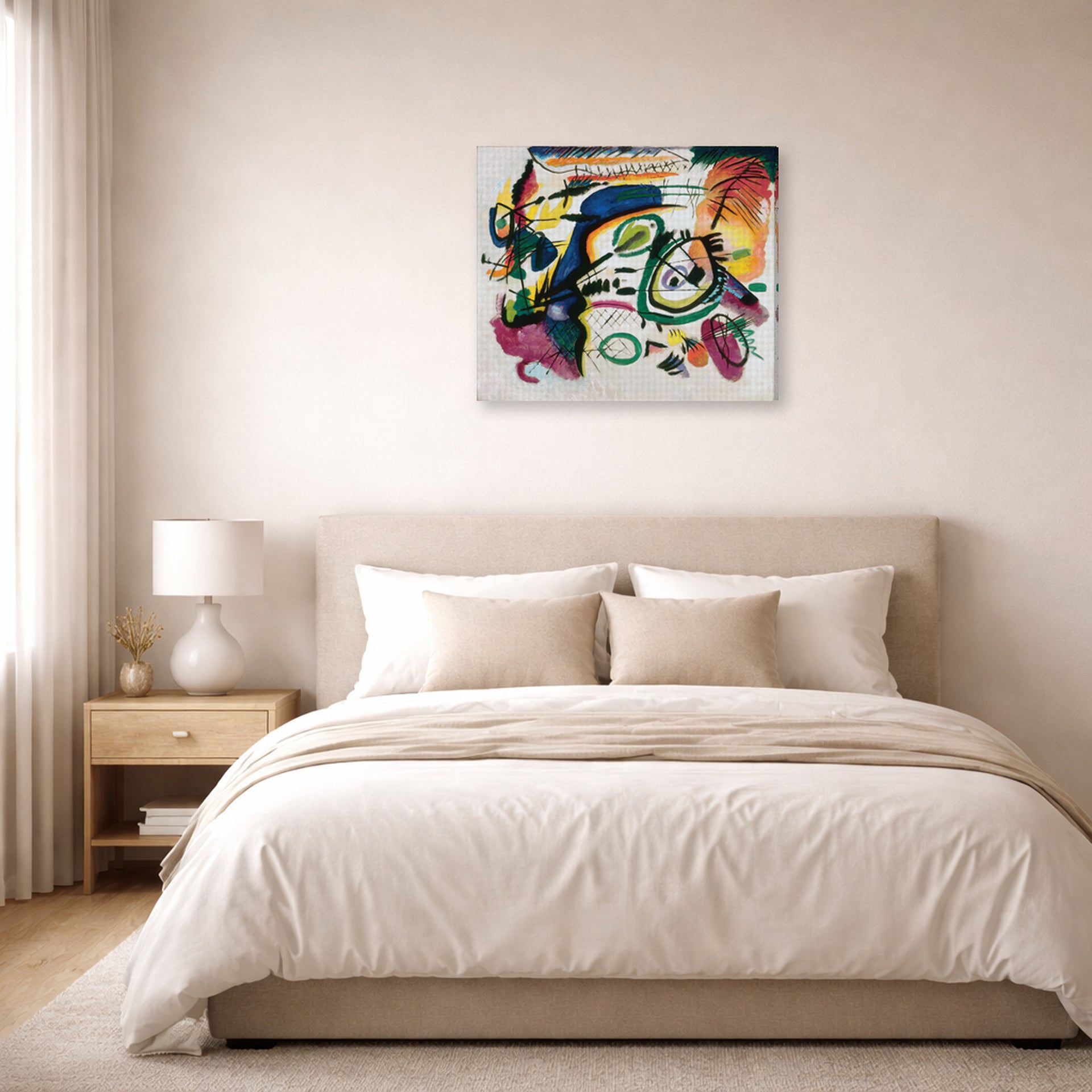 Gallery-wrapped canvas print of Wassily Kandinsky's Fragment I for Composition VI displayed on a wall in a bedroom