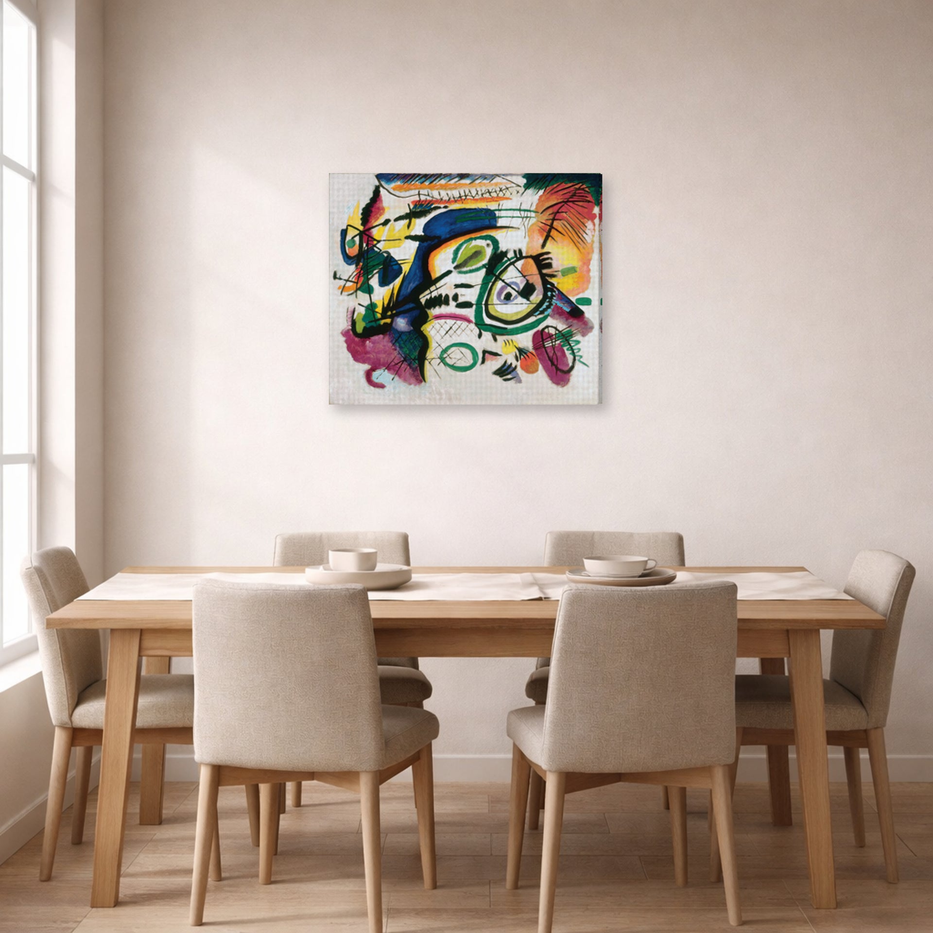 Gallery-wrapped canvas print of Wassily Kandinsky's Fragment I for Composition VI displayed on a wall in a dining room
