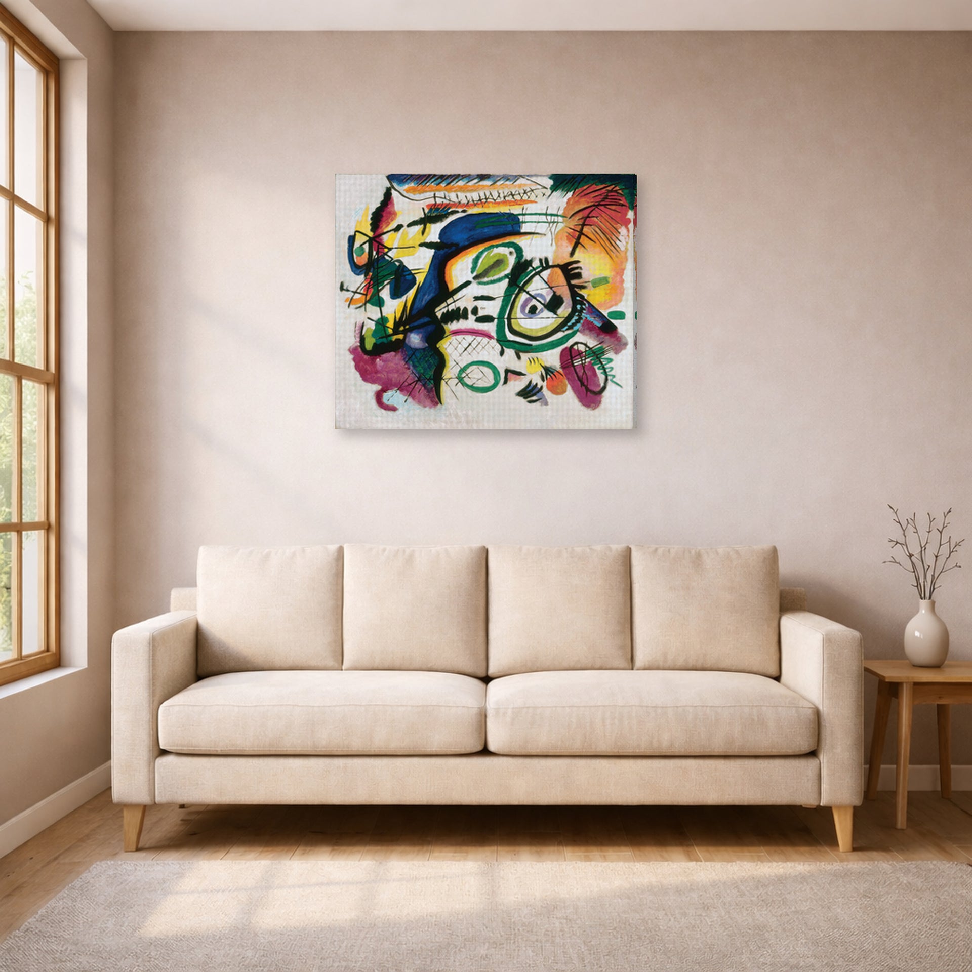 Gallery-wrapped canvas print of Wassily Kandinsky's Fragment I for Composition VI displayed on a wall in a living room