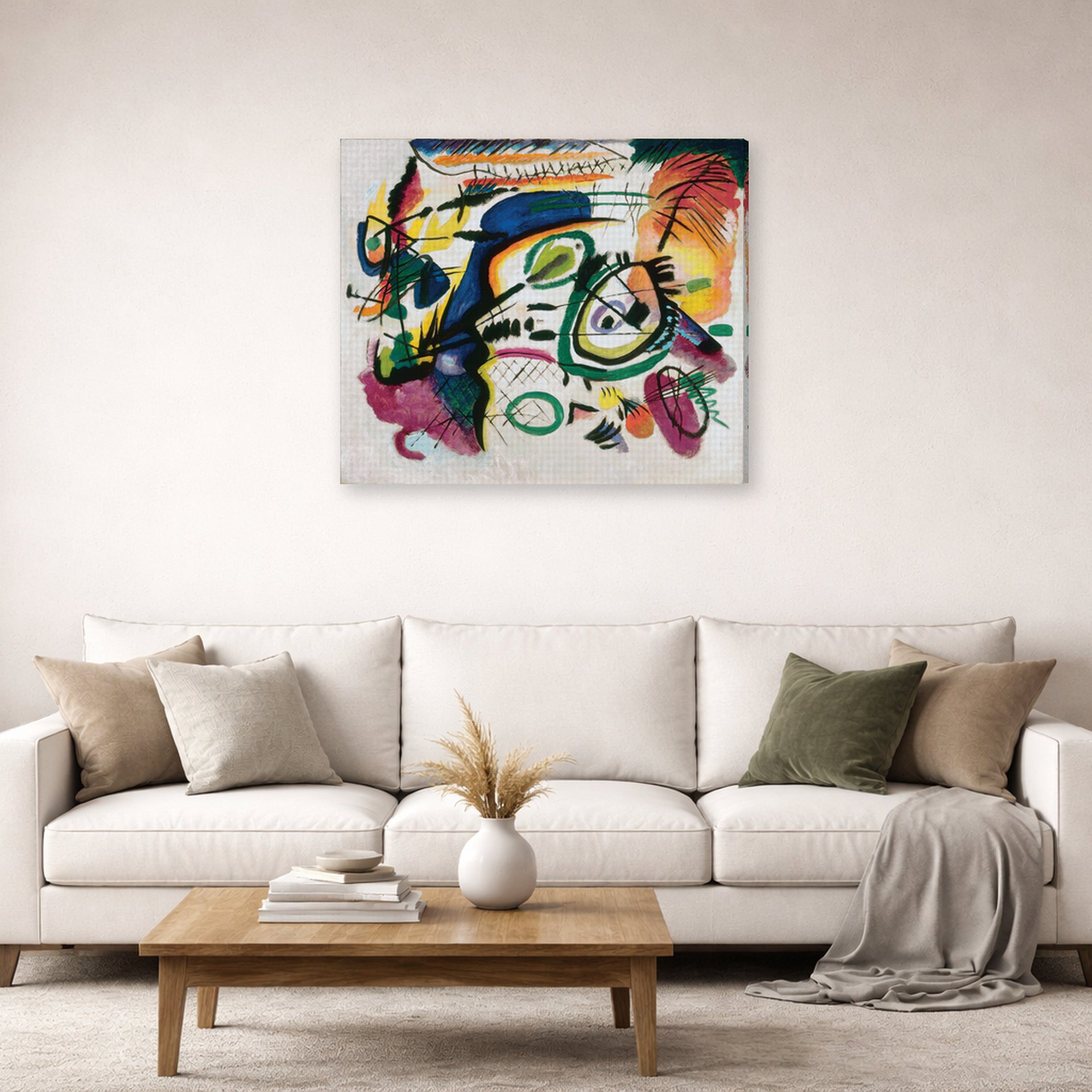 Gallery-wrapped canvas print of Wassily Kandinsky's Fragment I for Composition VI displayed on a wall in a living room