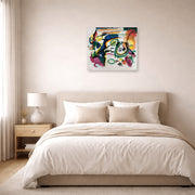 Unframed poster print of Wassily Kandinsky's Fragment I for Composition VI displayed on a wall in a bedroom