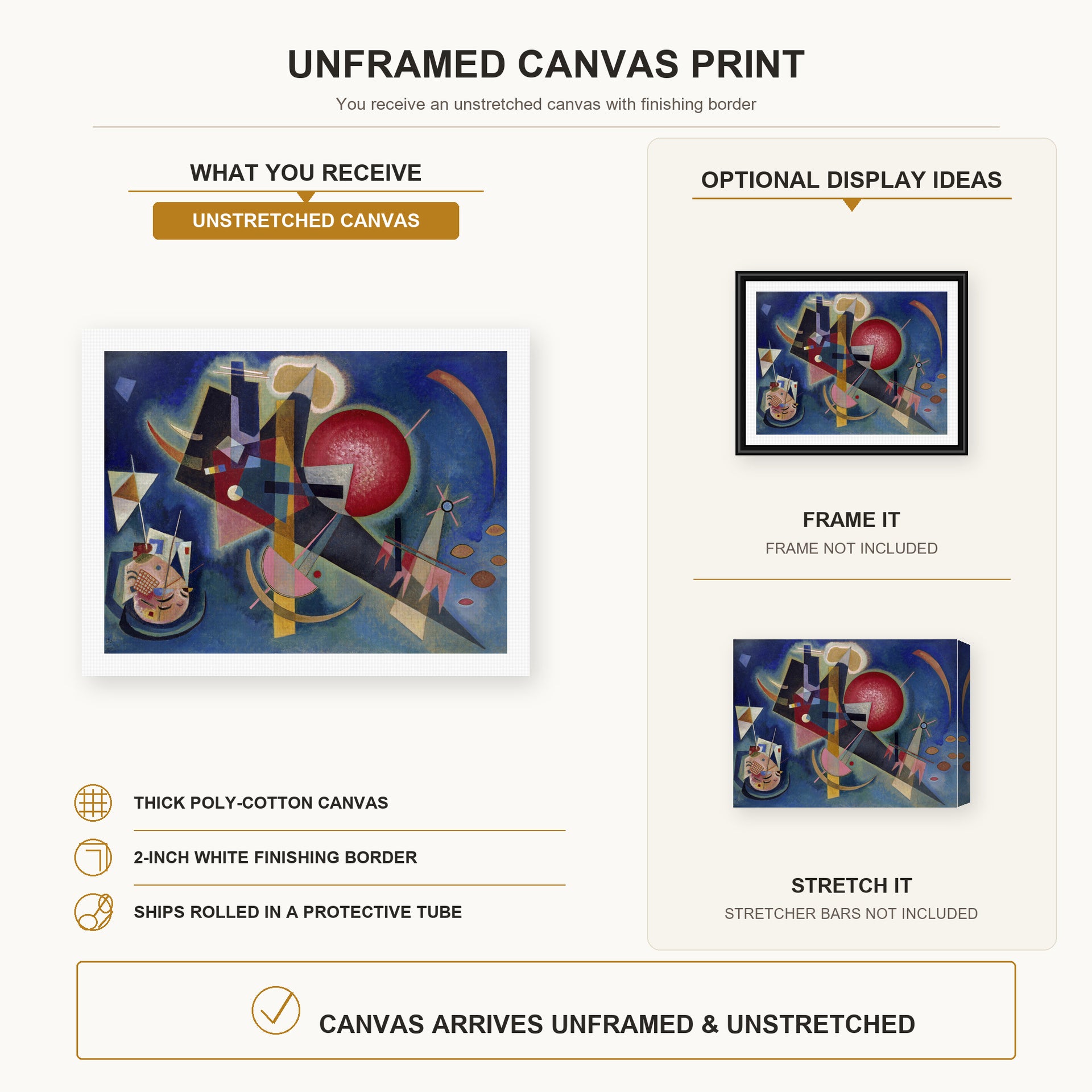 Wassily Kandinsky - Im Blau canvas print size comparison and framing display infographic