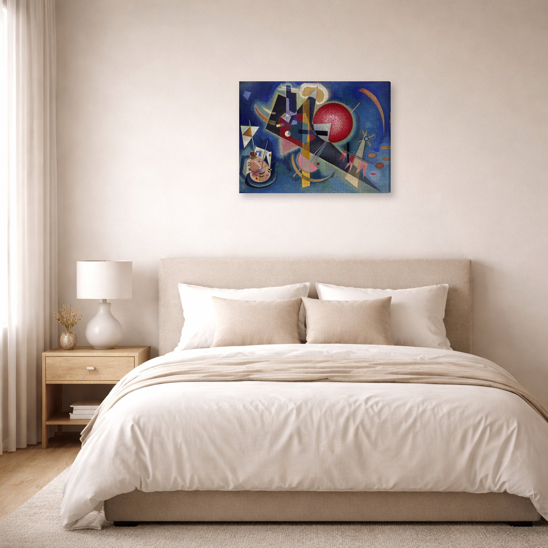 Gallery-wrapped canvas print of Wassily Kandinsky's Im Blau displayed on a wall in a bedroom