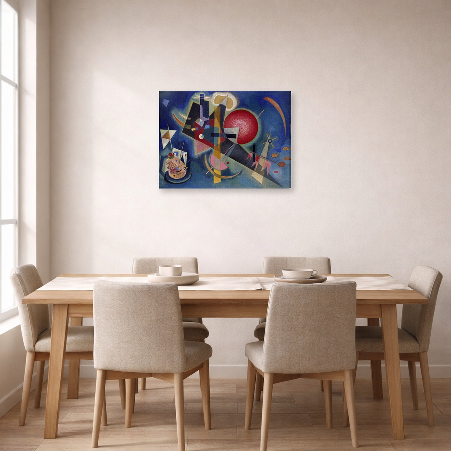 Gallery-wrapped canvas print of Wassily Kandinsky's Im Blau displayed on a wall in a dining room