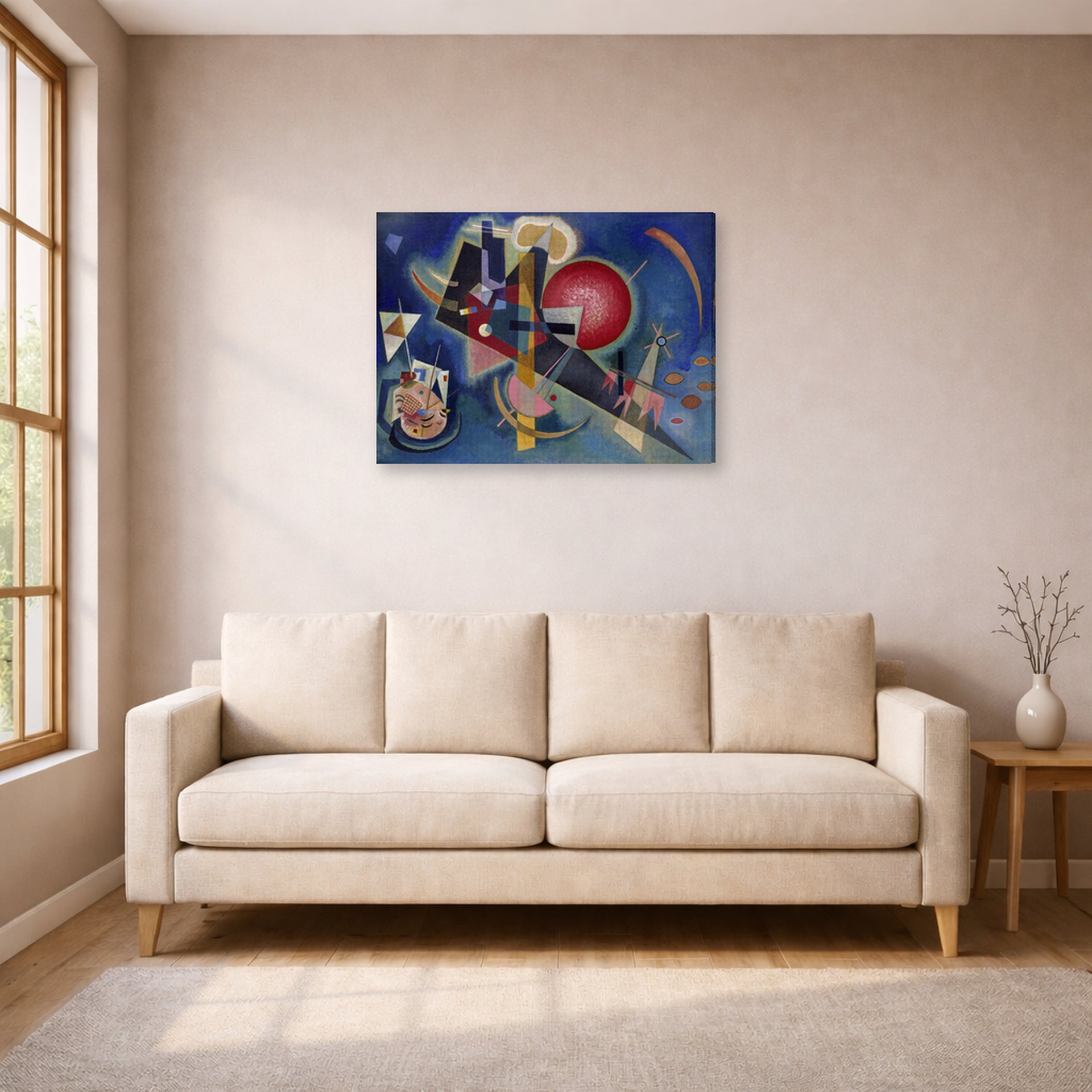 Gallery-wrapped canvas print of Wassily Kandinsky's Im Blau displayed on a wall in a living room