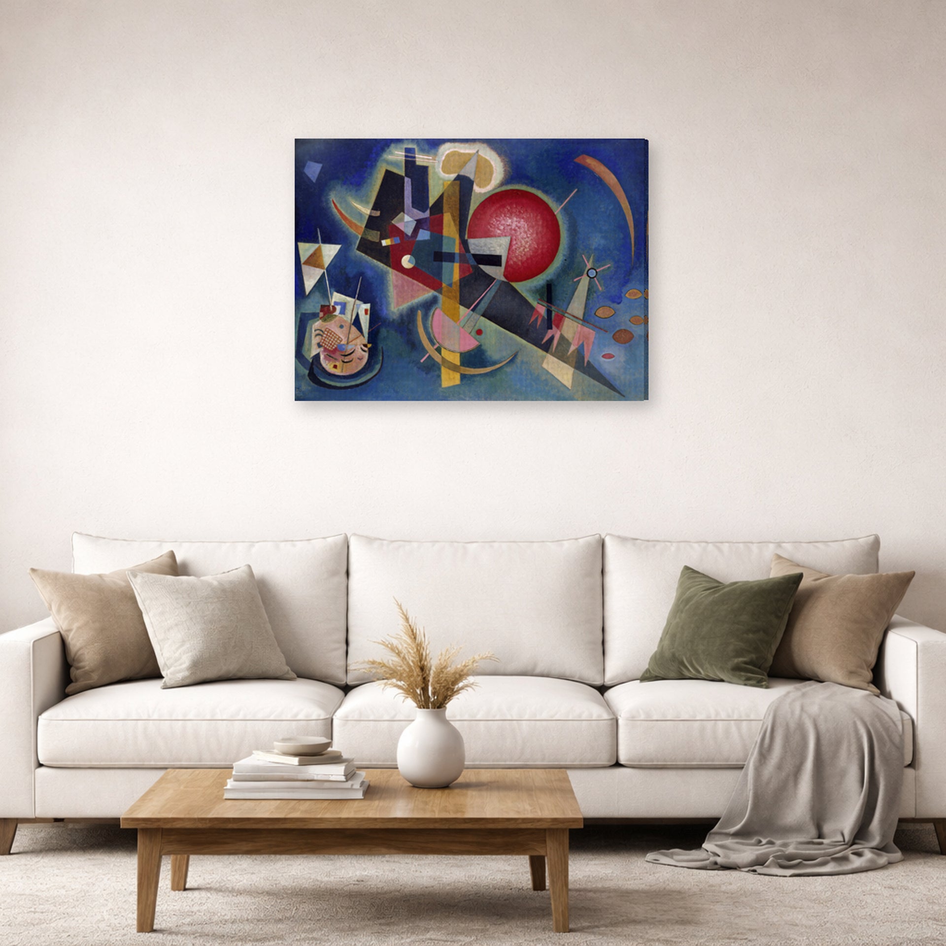 Gallery-wrapped canvas print of Wassily Kandinsky's Im Blau displayed on a wall in a living room
