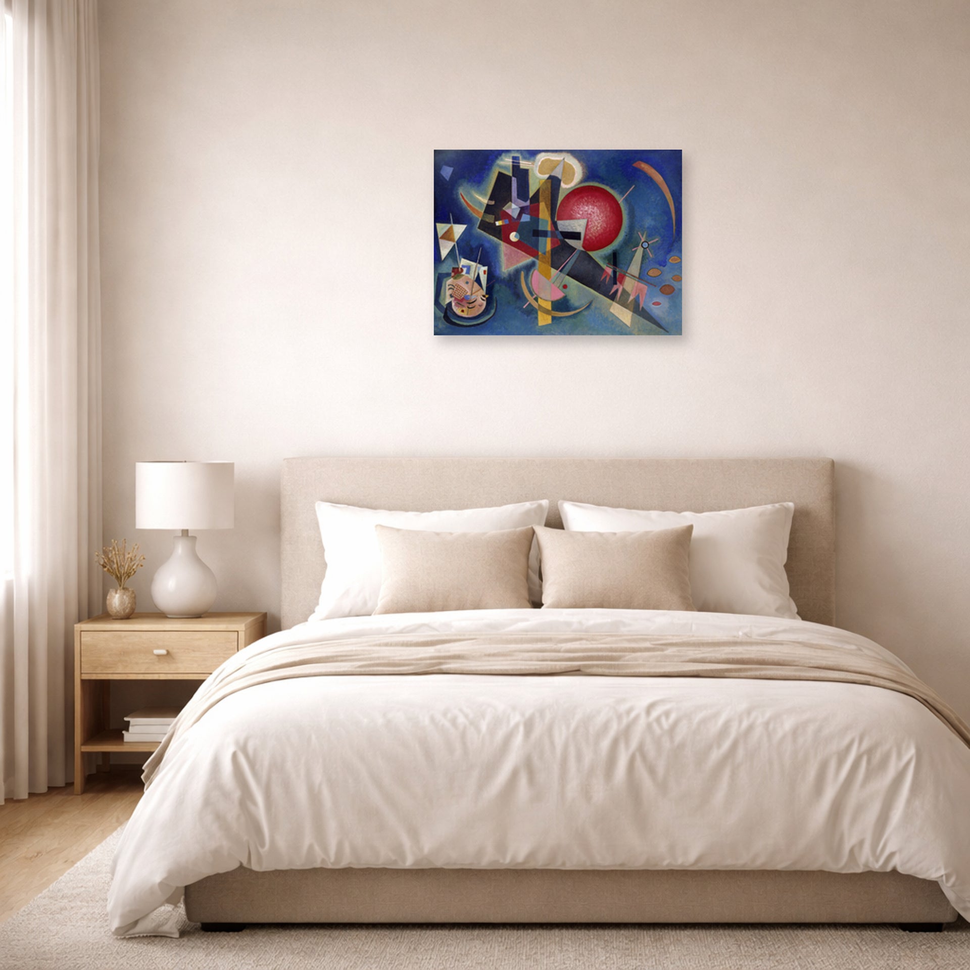 Unframed poster print of Wassily Kandinsky's Im Blau displayed on a wall in a bedroom
