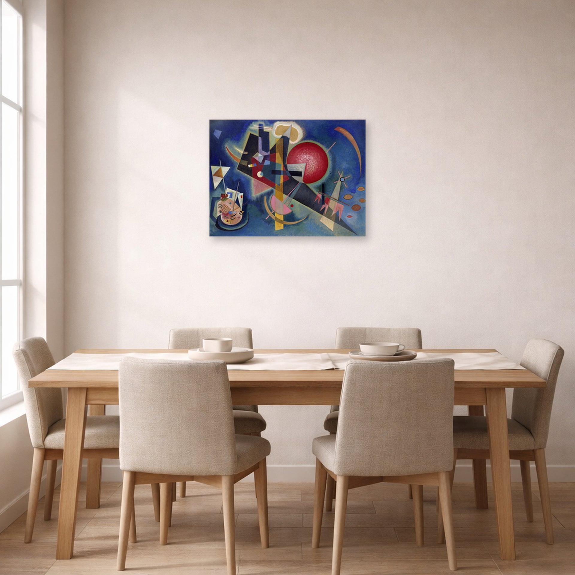 Unframed poster print of Wassily Kandinsky's Im Blau displayed on a wall in a dining room