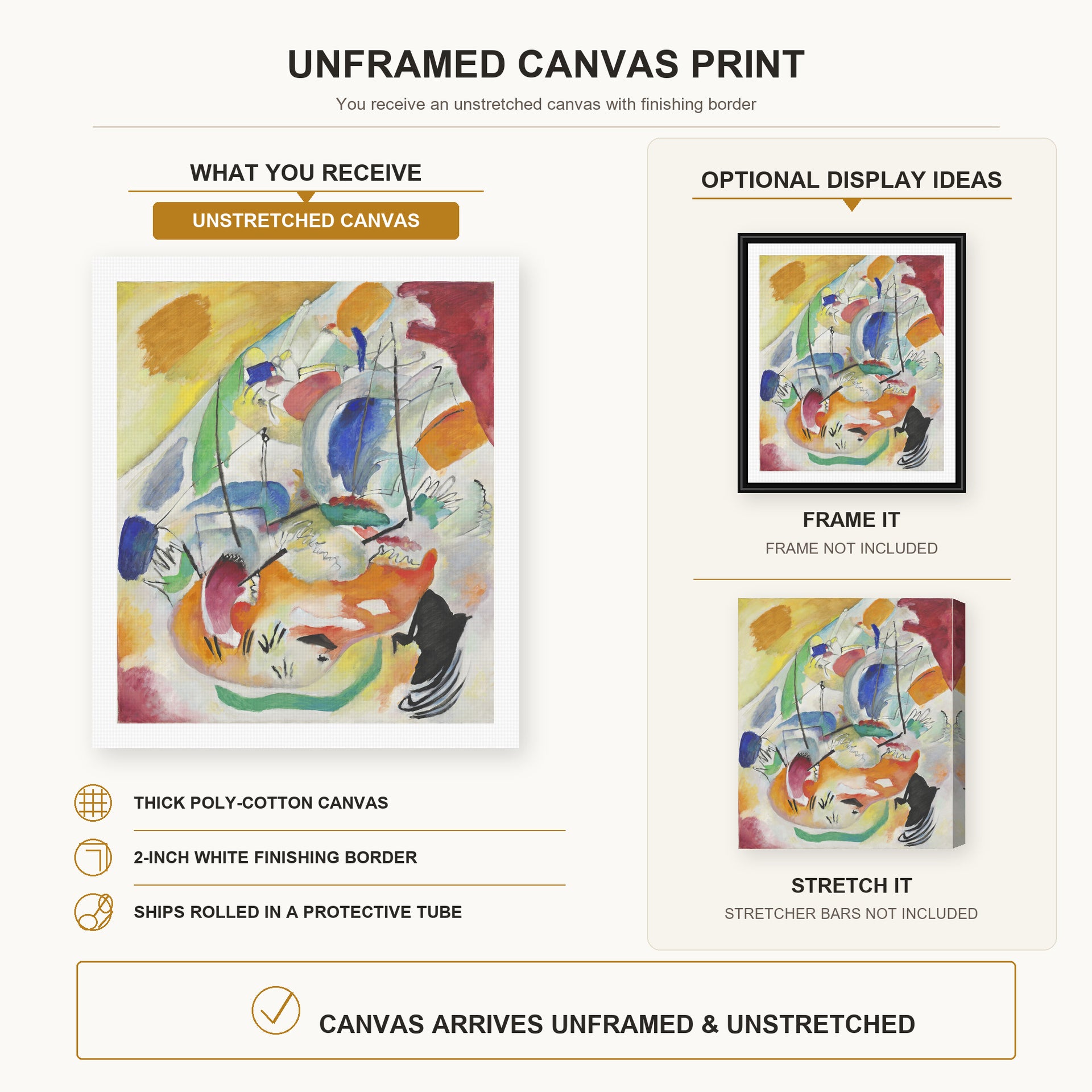 Wassily Kandinsky - Improvisation 31 (sea Battle) canvas print size comparison and framing display infographic