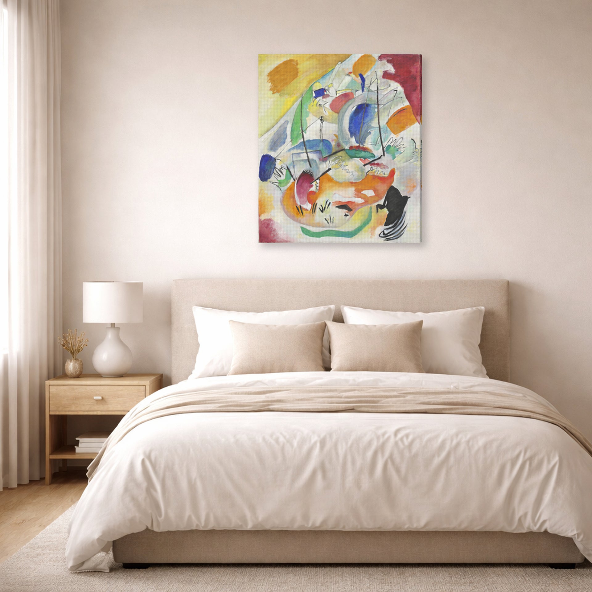 Gallery-wrapped canvas print of Wassily Kandinsky's Improvisation 31 (sea Battle) displayed on a wall in a bedroom