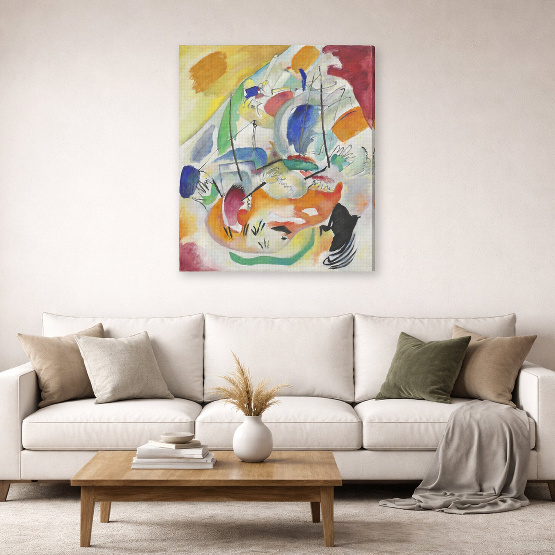 Gallery-wrapped canvas print of Wassily Kandinsky's Improvisation 31 (sea Battle) displayed on a wall in a living room