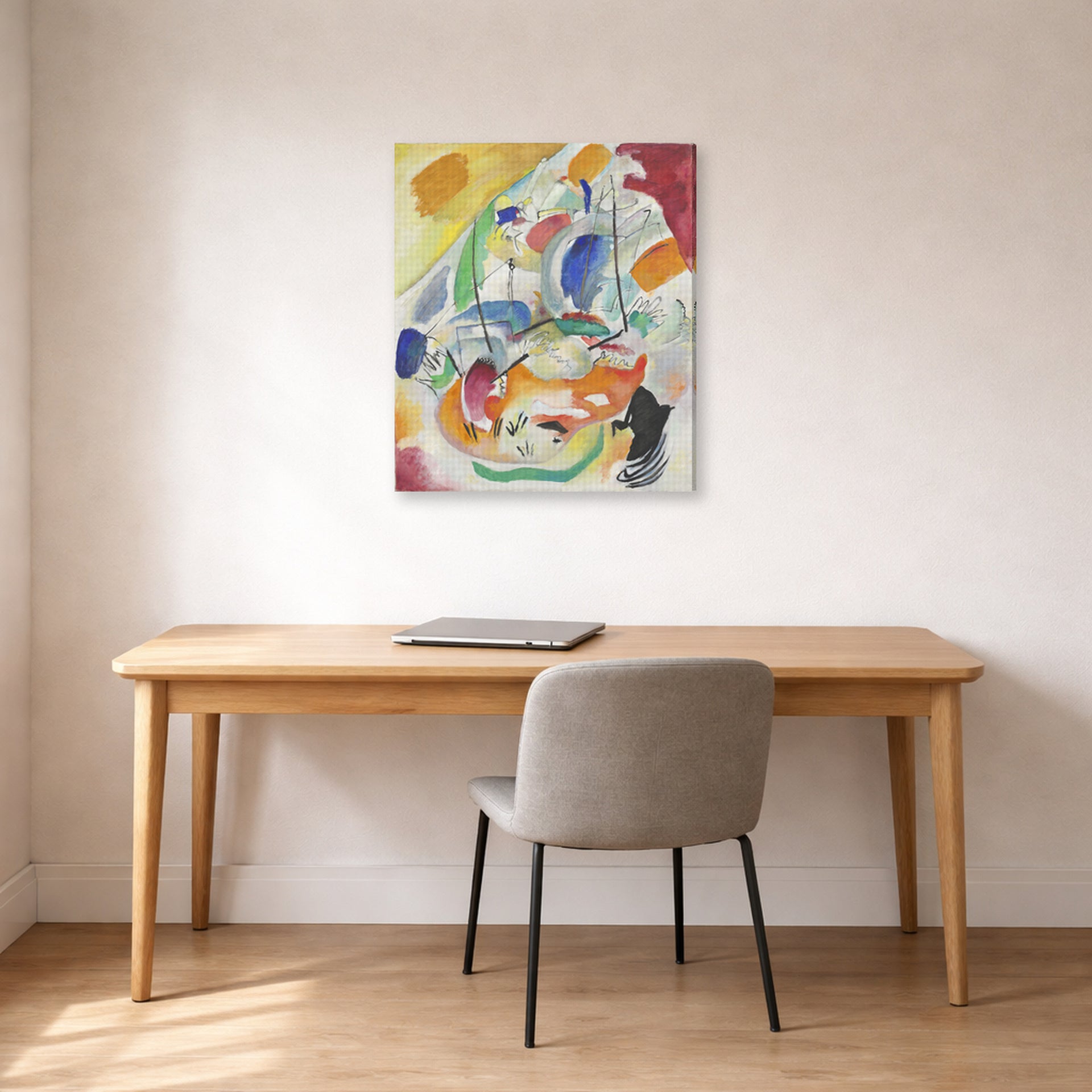 Gallery-wrapped canvas print of Wassily Kandinsky's Improvisation 31 (sea Battle) displayed on a wall in an office