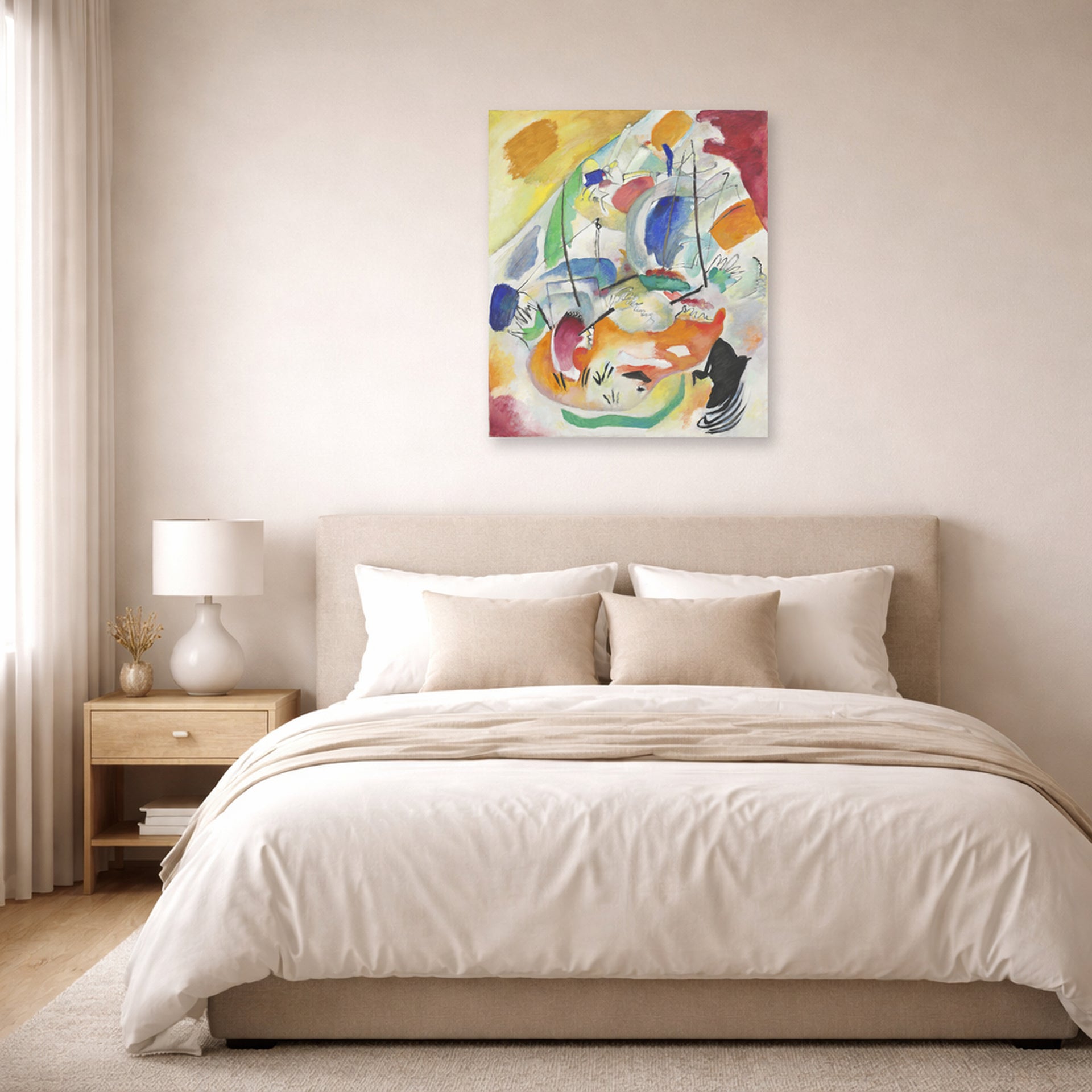 Unframed poster print of Wassily Kandinsky's Improvisation 31 (sea Battle) displayed on a wall in a bedroom