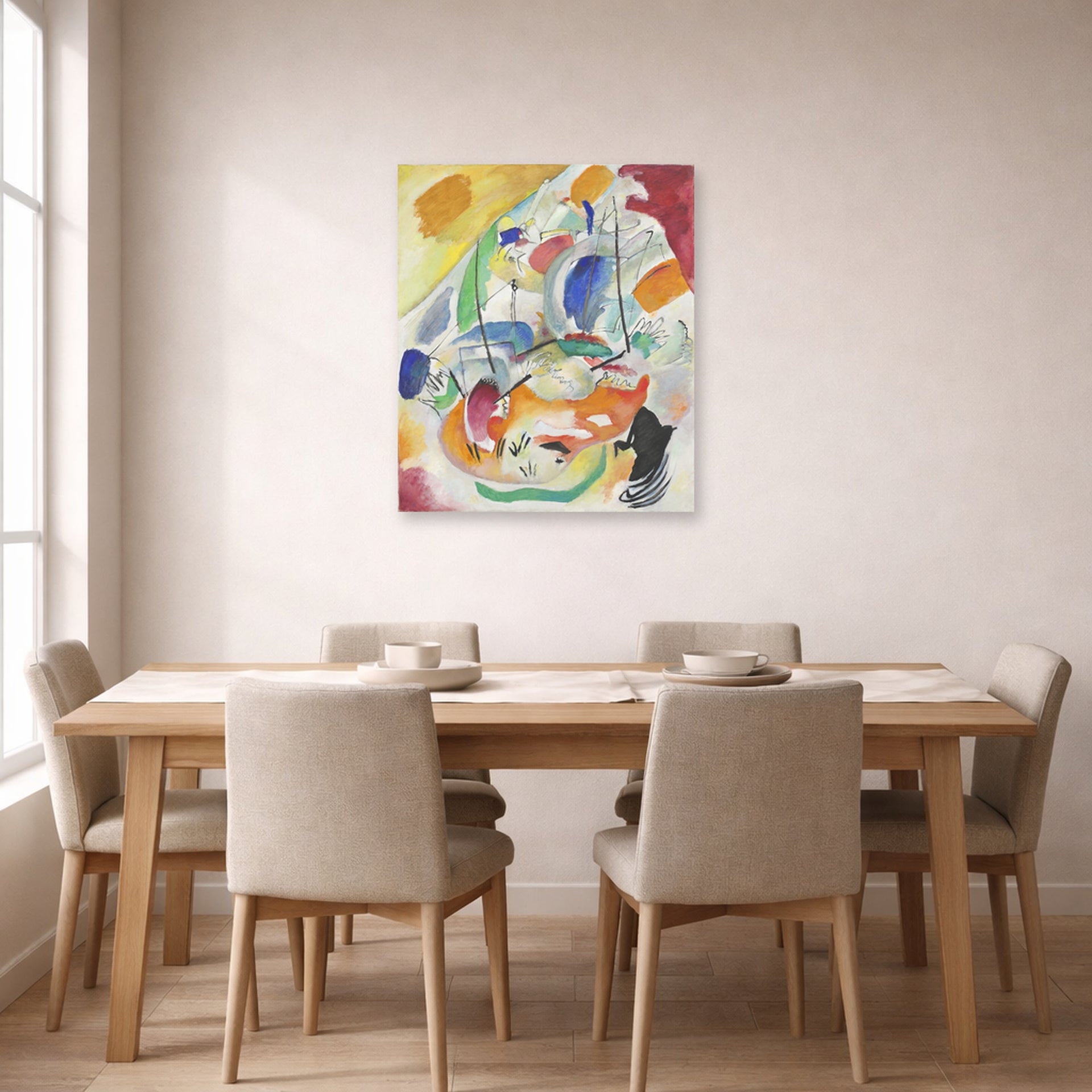 Unframed poster print of Wassily Kandinsky's Improvisation 31 (sea Battle) displayed on a wall in a dining room