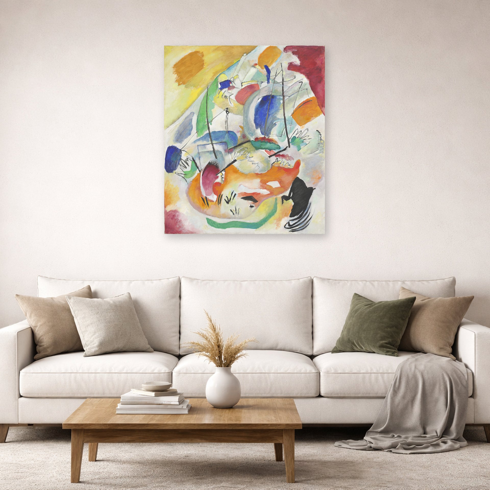 Unframed poster print of Wassily Kandinsky's Improvisation 31 (sea Battle) displayed on a wall in a living room
