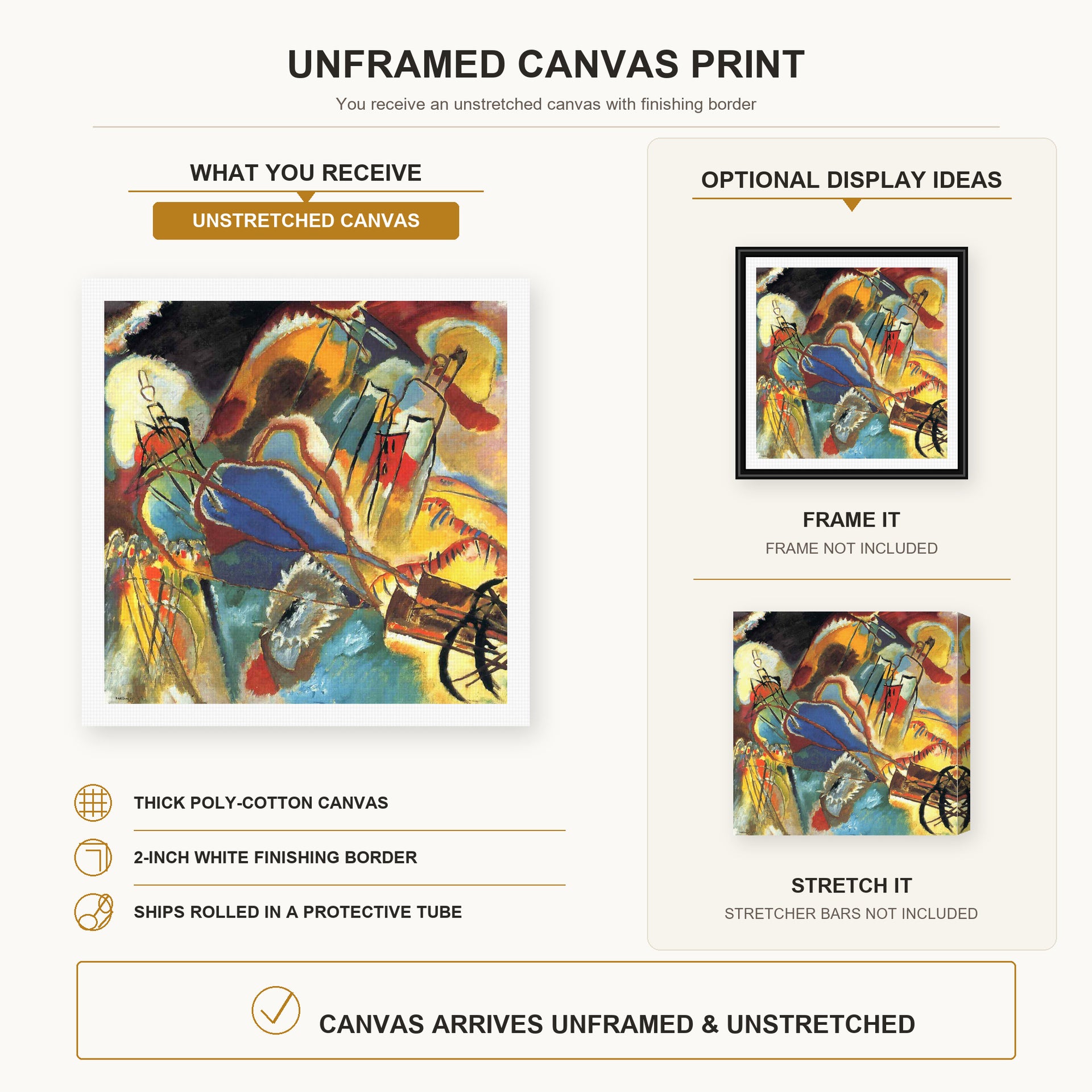 Wassily Kandinsky - Improvisation No. 30 (Cannons) canvas print size comparison and framing display infographic