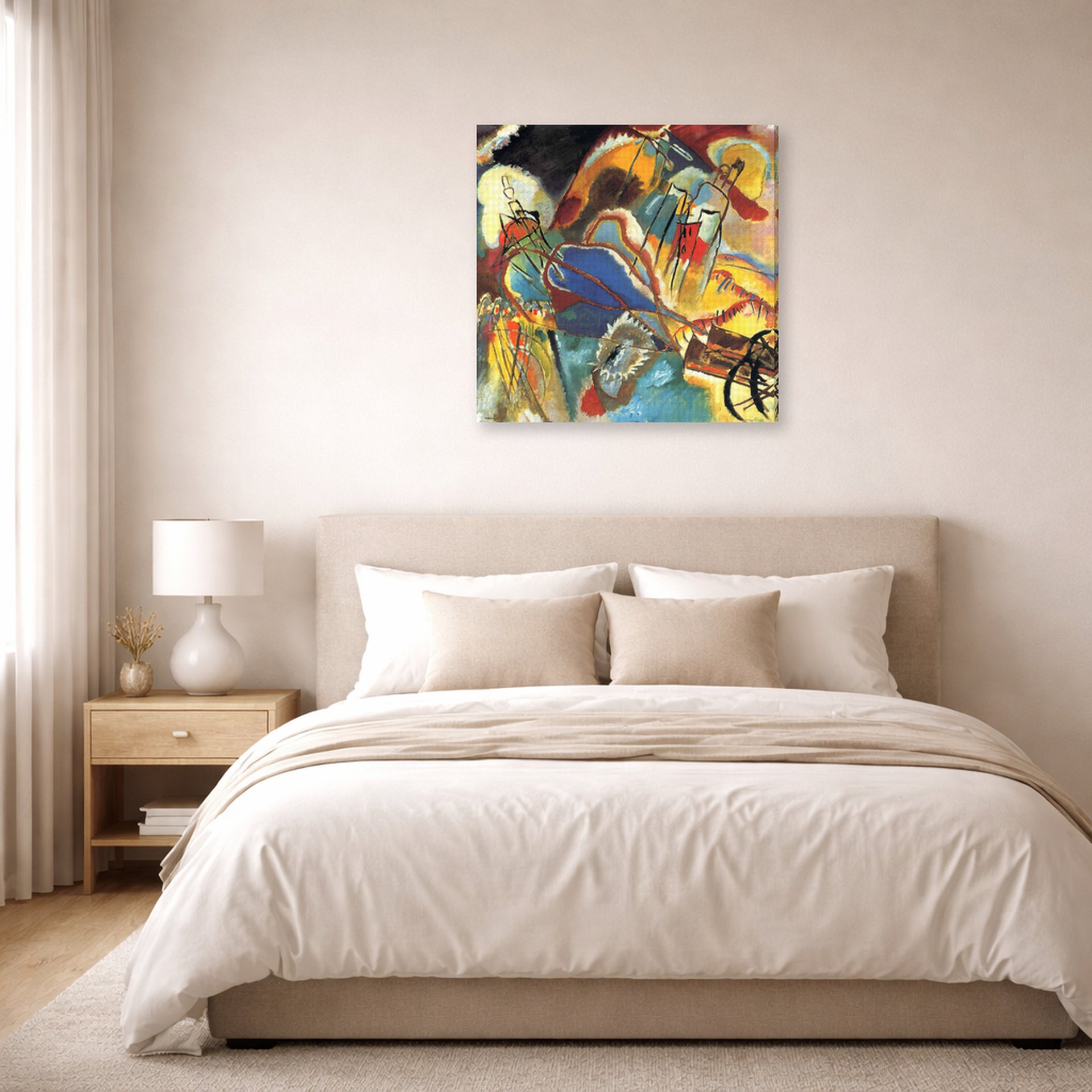 Gallery-wrapped canvas print of Wassily Kandinsky's Improvisation No. 30 (Cannons) displayed on a wall in a bedroom