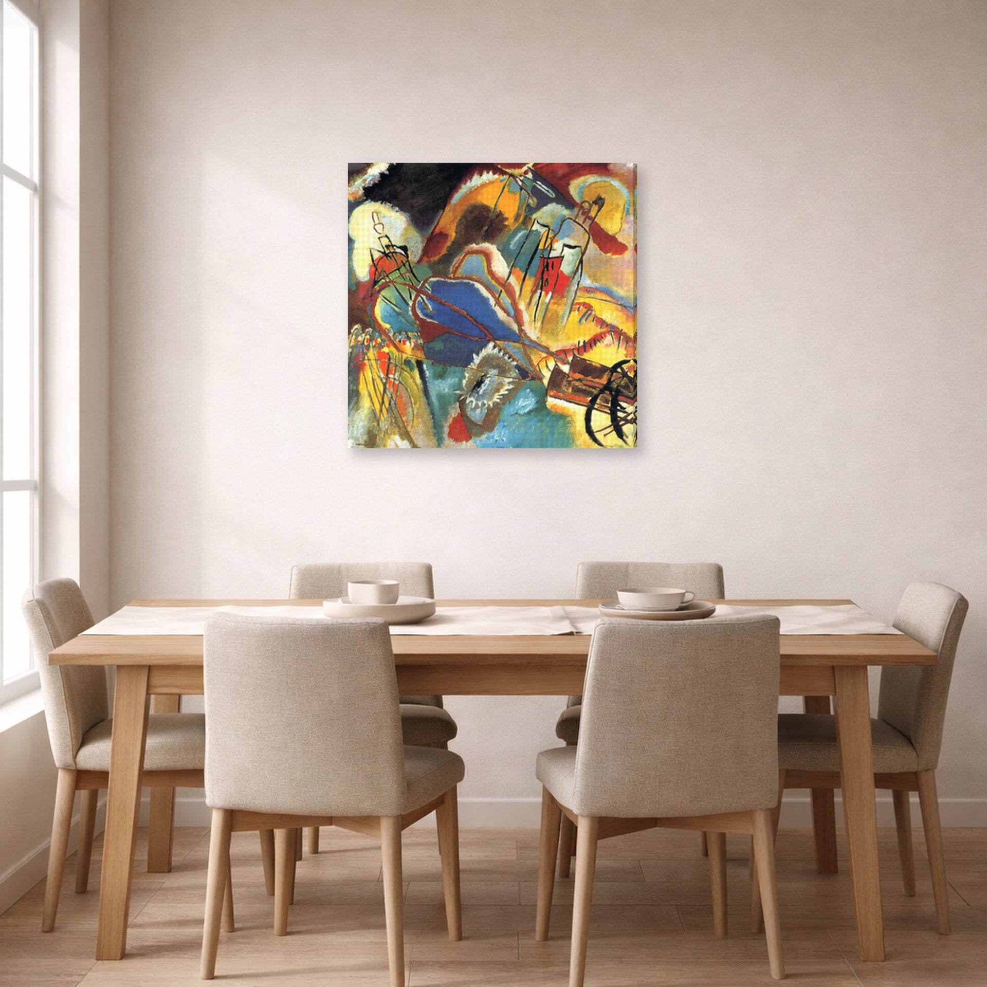 Gallery-wrapped canvas print of Wassily Kandinsky's Improvisation No. 30 (Cannons) displayed on a wall in a dining room