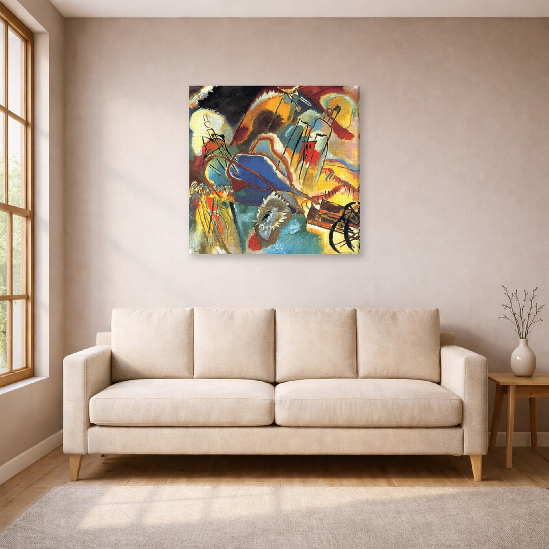 Gallery-wrapped canvas print of Wassily Kandinsky's Improvisation No. 30 (Cannons) displayed on a wall in a living room
