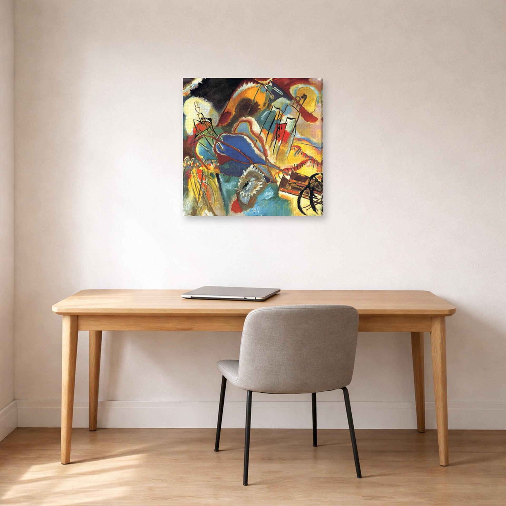 Gallery-wrapped canvas print of Wassily Kandinsky's Improvisation No. 30 (Cannons) displayed on a wall in an office