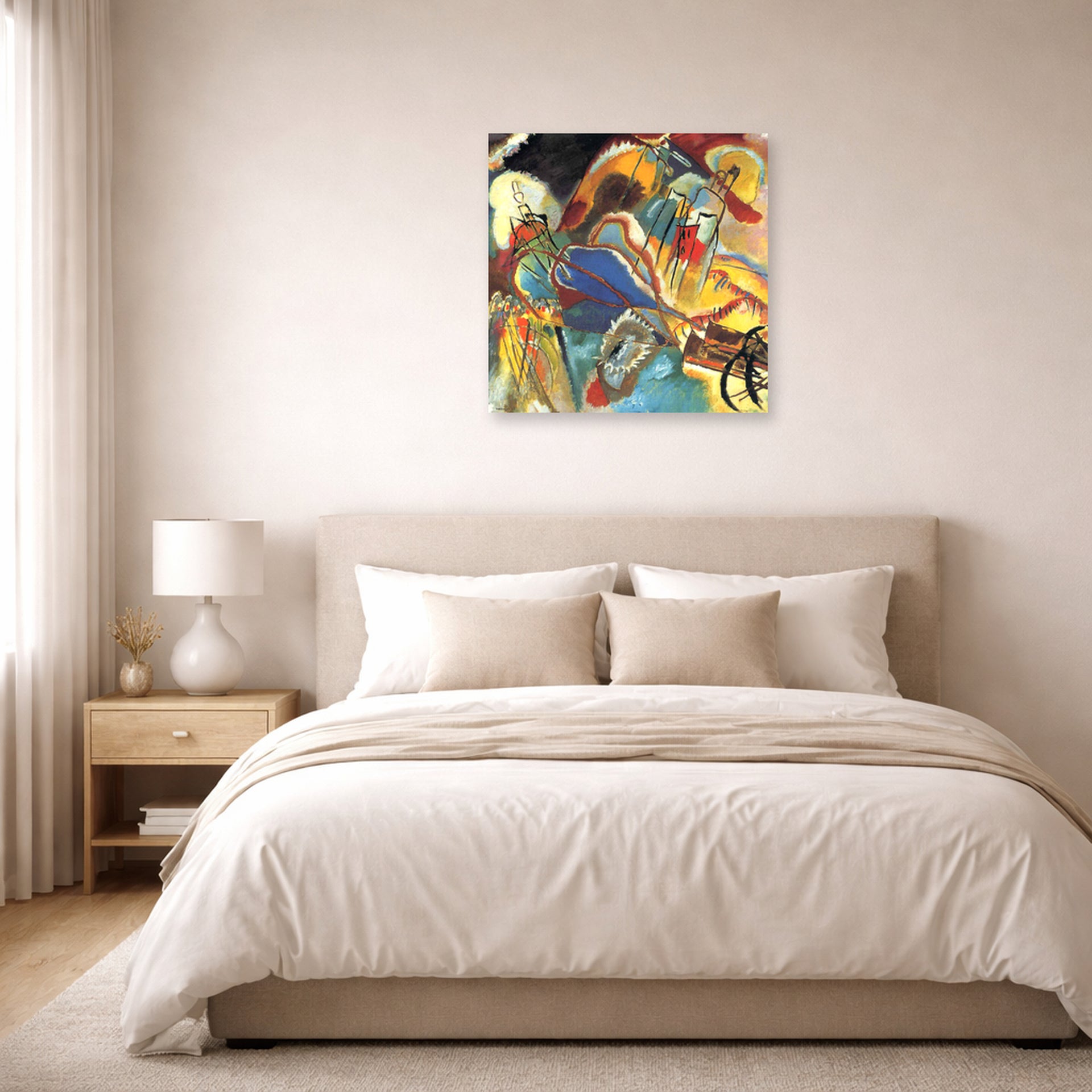 Unframed poster print of Wassily Kandinsky's Improvisation No. 30 (Cannons) displayed on a wall in a bedroom