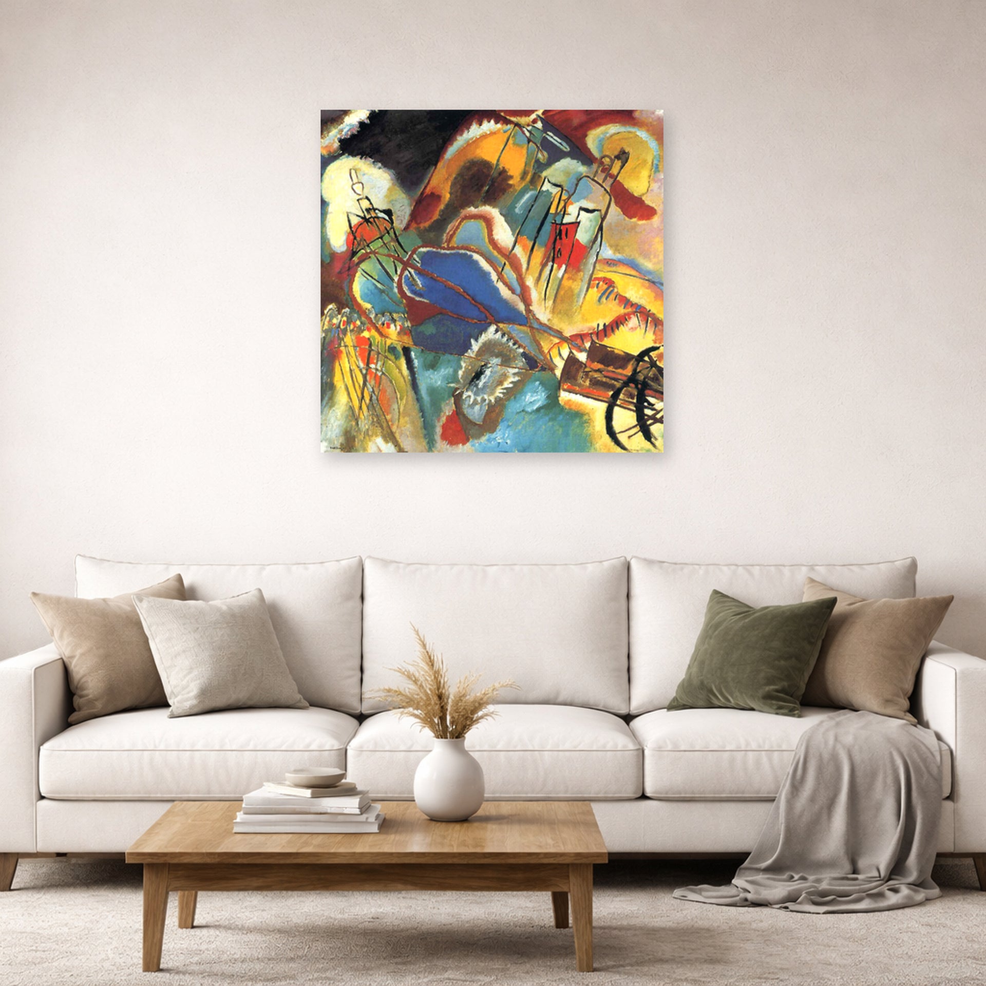 Unframed poster print of Wassily Kandinsky's Improvisation No. 30 (Cannons) displayed on a wall in a living room
