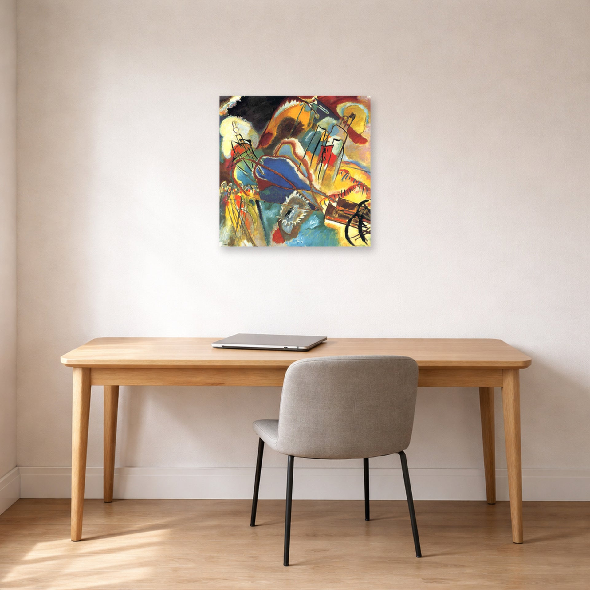 Unframed poster print of Wassily Kandinsky's Improvisation No. 30 (Cannons) displayed on a wall in an office