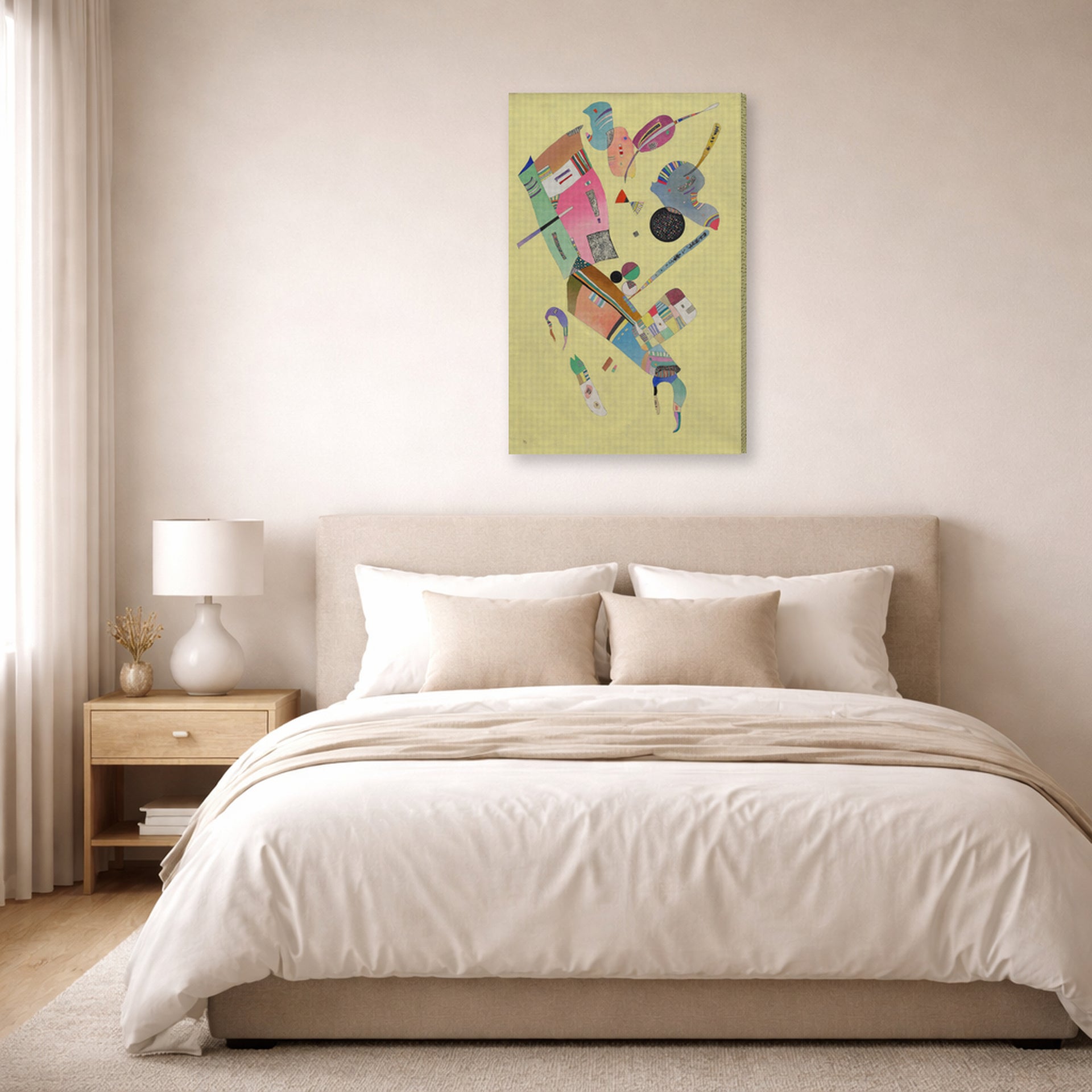 Gallery-wrapped canvas print of Wassily Kandinsky's Moderation displayed on a wall in a bedroom