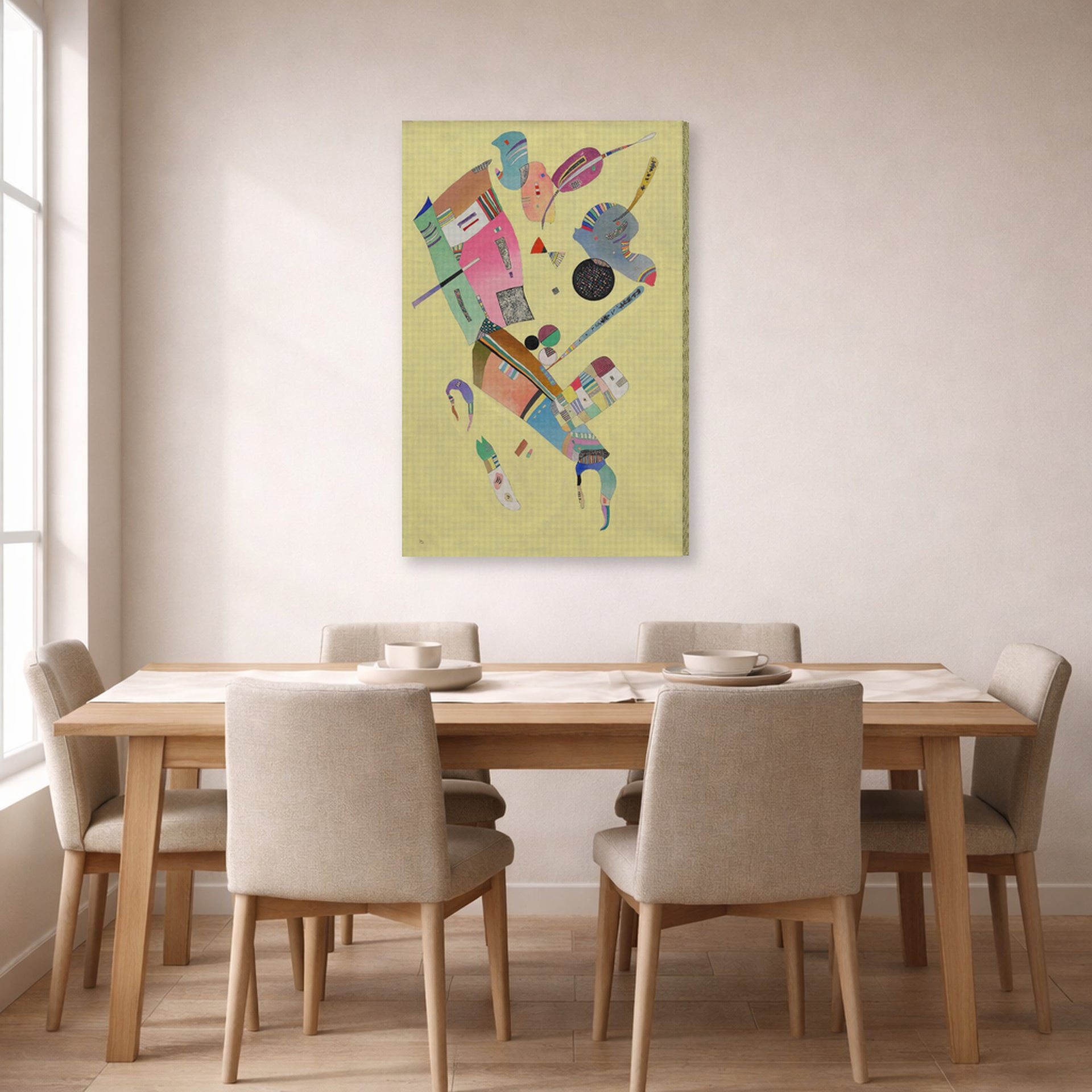 Gallery-wrapped canvas print of Wassily Kandinsky's Moderation displayed on a wall in a dining room