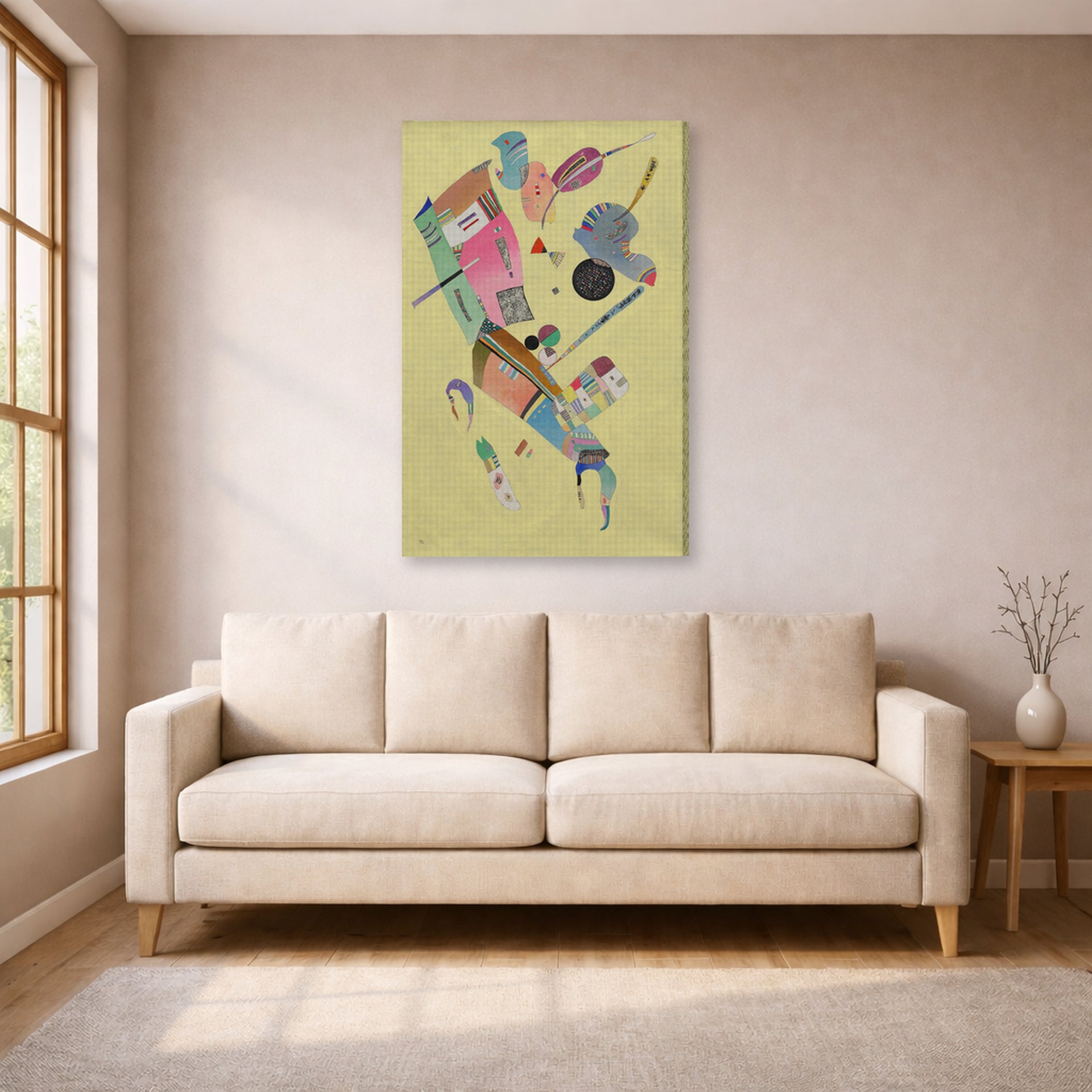 Gallery-wrapped canvas print of Wassily Kandinsky's Moderation displayed on a wall in a living room
