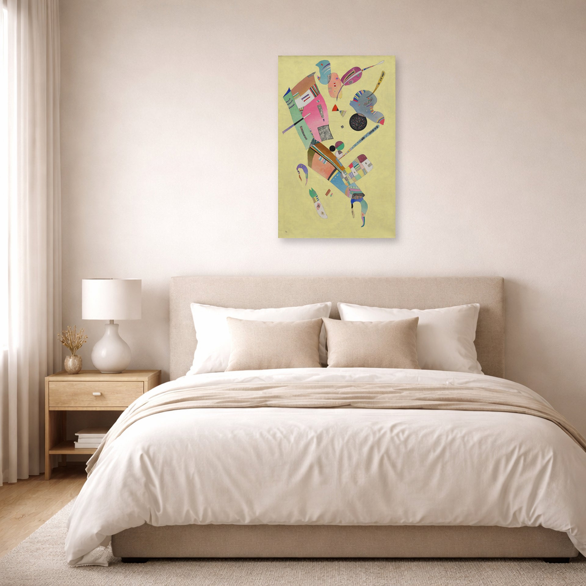 Unframed poster print of Wassily Kandinsky's Moderation displayed on a wall in a bedroom